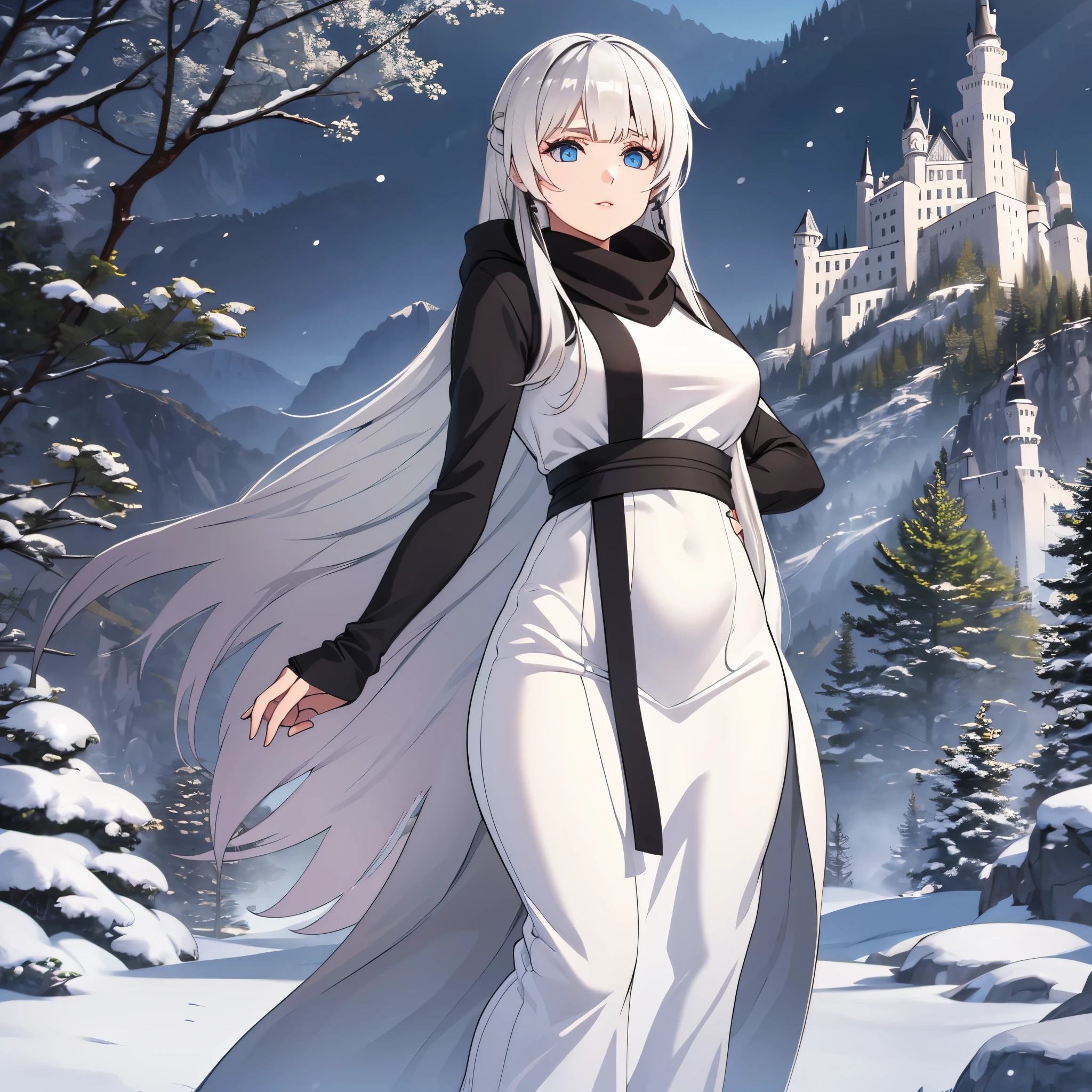 A woman wearing a long black cold coat, silver hair and blue eyes, outside Neuschwanstein castle, snowing place, frosty weather
