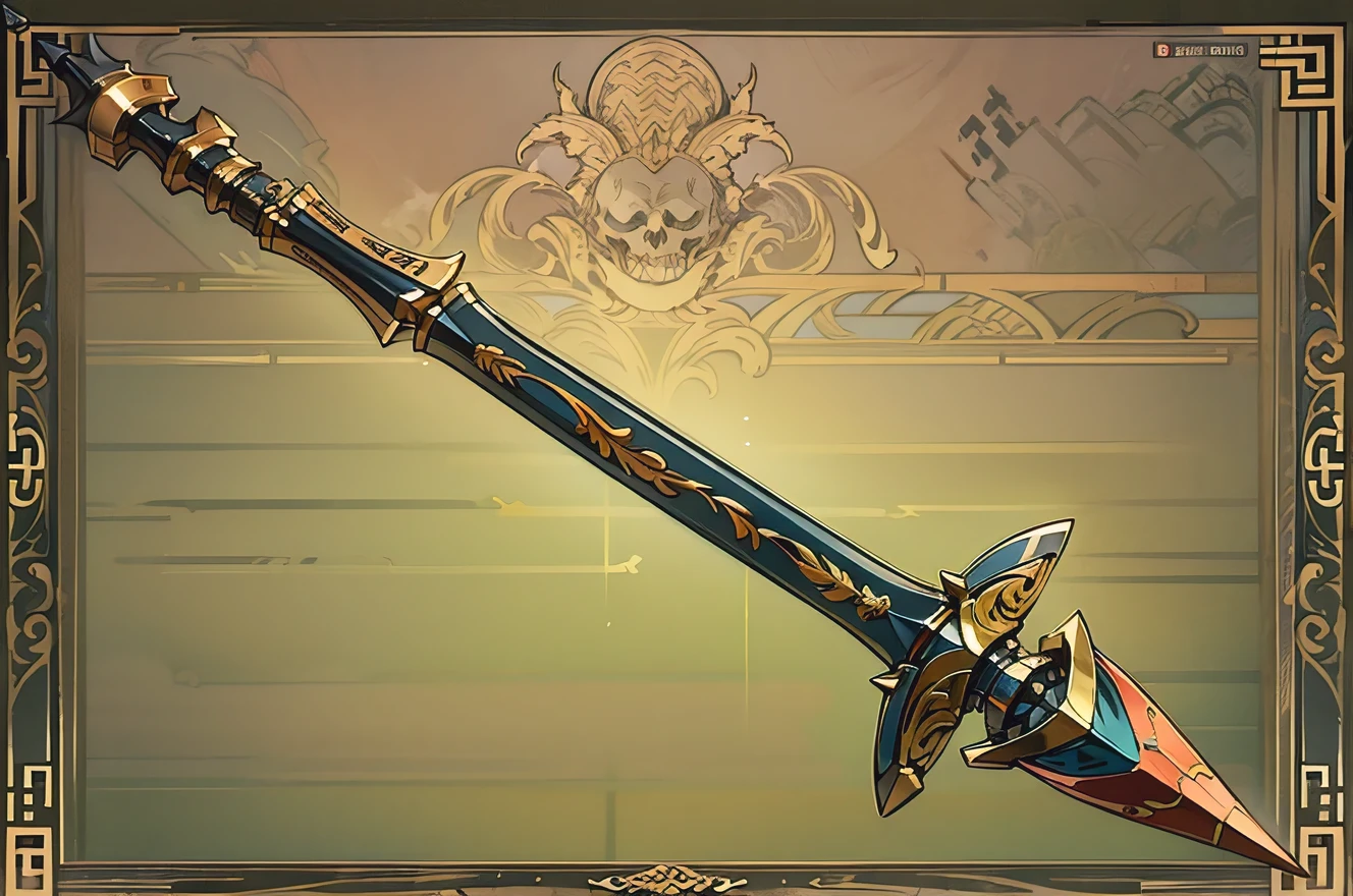 (((best quality))), (((masterpiece))), Weapons to be included in the Weapon Encyclopedia, chinese polearm, long windows, 날의 길이가 long windows, The blade at the tip of the spear is wide...