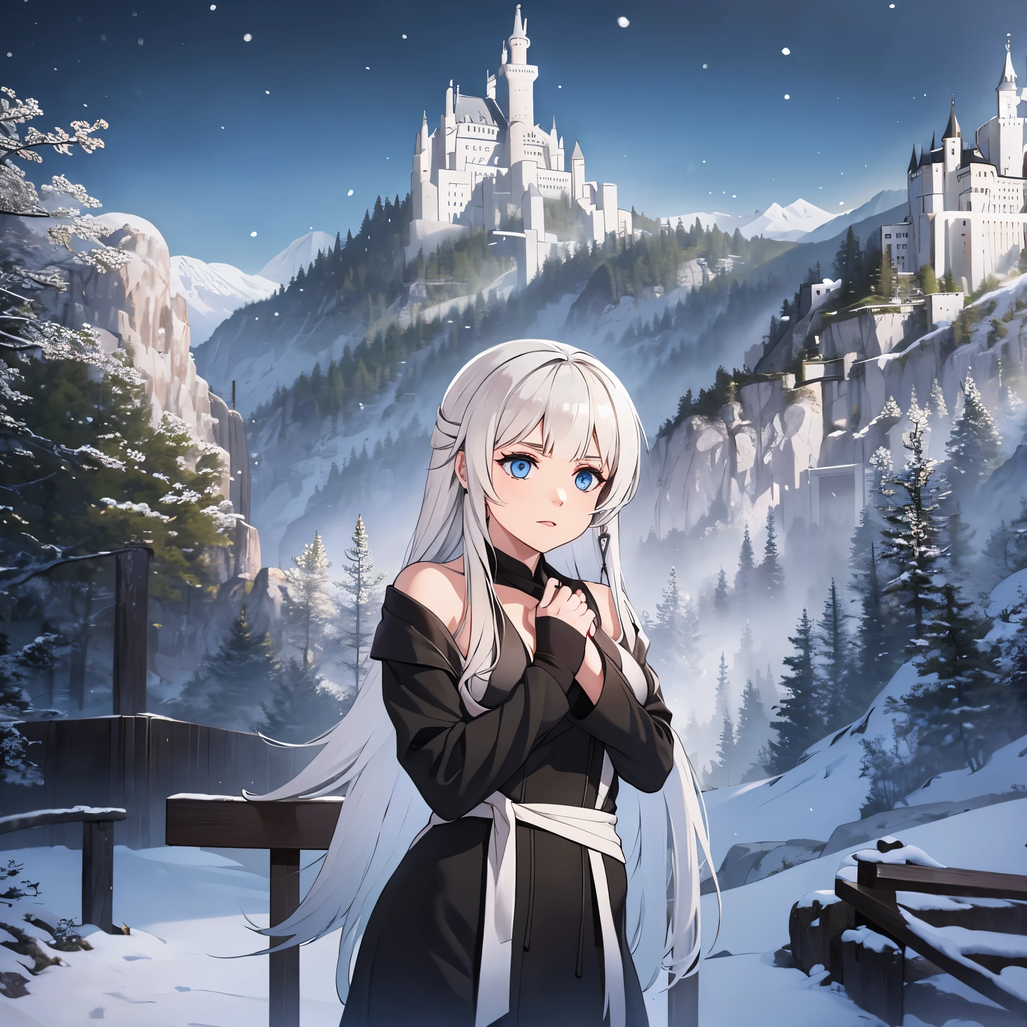 A woman wearing a long black cold coat, silver hair and blue eyes, outside Neuschwanstein castle, snowing place, frosty weather
