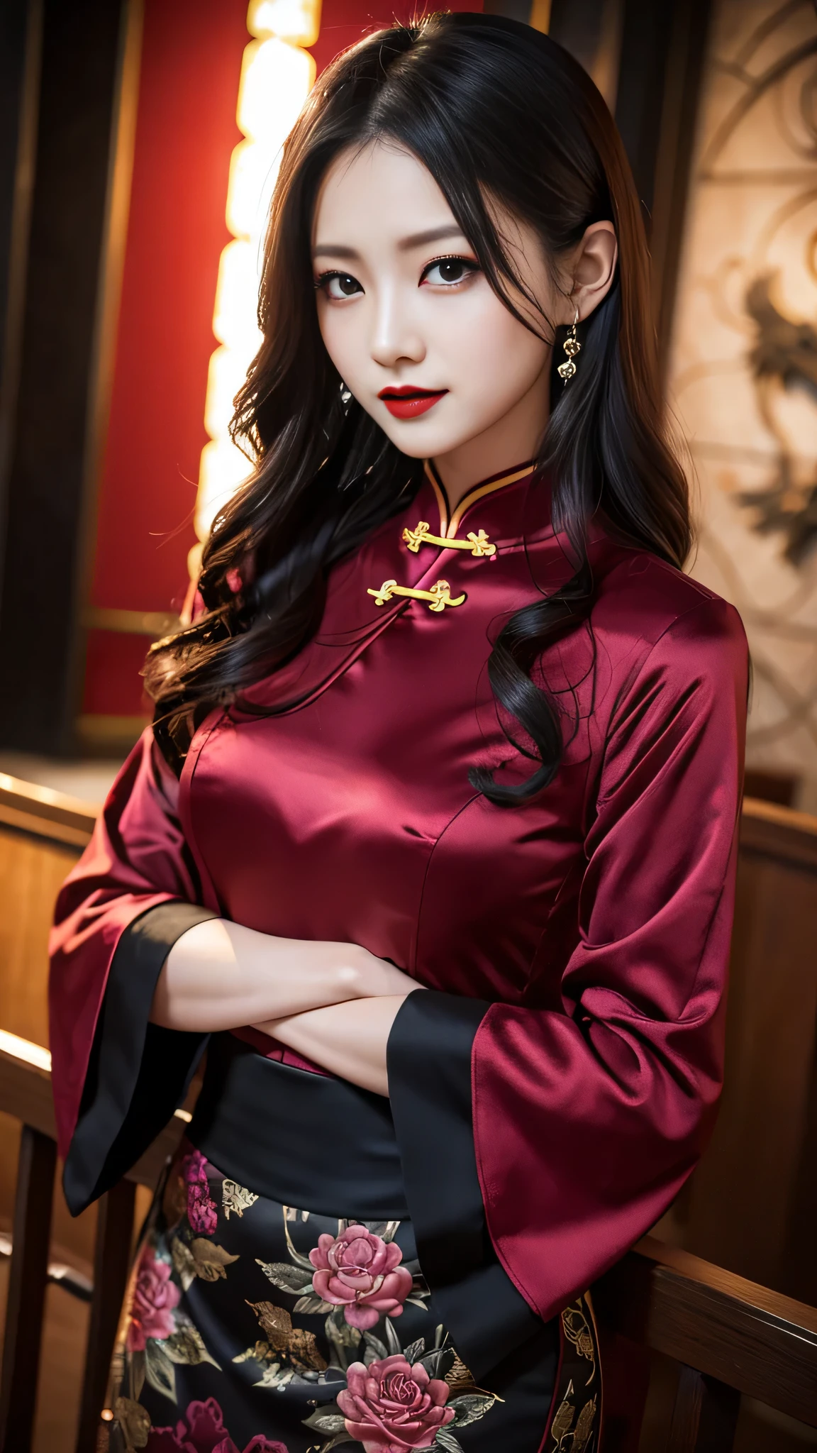 Super detailed、Japanese、charming beauty、seductive adult woman、Beautiful woman、sharp eyes、cool girl、wavy hair、long black cheongsam、wide sleeve、evilの幹部、evil depravity、brainwashing、Mind control、lipstick、grin、evilな表情、evil、empty eyes、evil、church at night、vampire、vampire、Hypnosia makeup brush