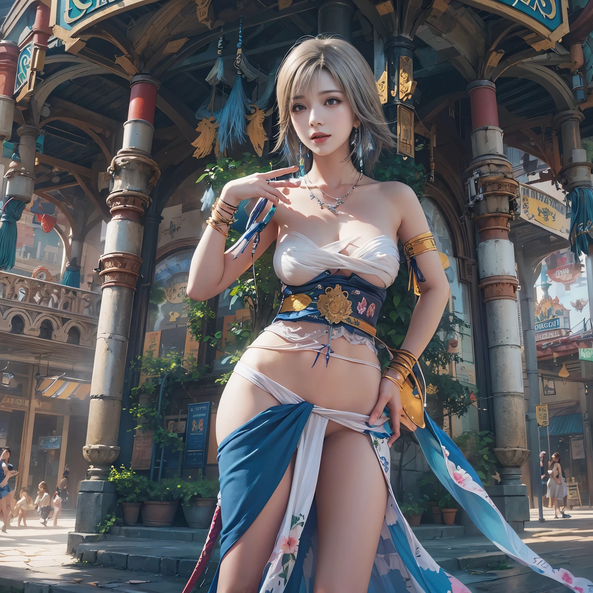 4k,1、(((topless))), High resolution, super detailed), 1 female, 28 years old, Final Fantasy Yuna x2, More mature, ((simple background)), plain background, ((There is nothing in the background)), surreal, Yuna's Final Fantasy costume, Yuna's original costume design from Final Fantasy X2, (((nsfw://www.Creative Uncut.。.。.and/Gallery-01/ff10-2-Yuna 2...html))), ボロボロにexposedしたデニムショートパンツ, Features of asymmetrical clothing, belt on left hip, Optimal clothing simulation, not a necklace, 1 female, Windy nights, Yuna's Bob Hairstyles, Big breasts, cleavage, middle_chest, thick body, smile, , close up shot, shot from the front, zoomed in shot, Access HIPS image scope, smile with closed mouth, from head to waist, Characters looking at the camera, I'm watching you, Yuna FFX, blue bead earrings,(((Only the upper body is naked))),smile,(((amusement park))),(((nipple))),(((exposed))),(((chestの谷間)))
