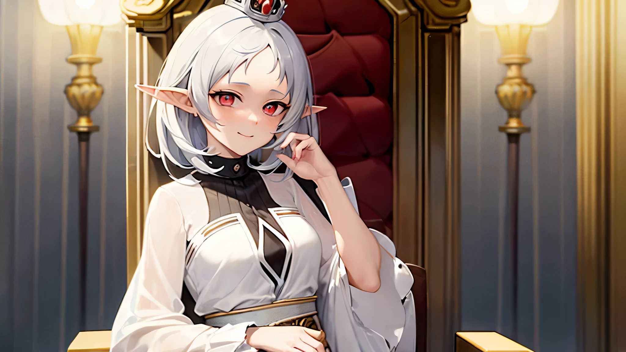 a cute character with a shy smile named Sylphie with elf-like ears and white short hair, the eyes are red colored with black pupils. She wears a crown as a royalty. The character is wearing a white long-sleeve shirt and a brown skirt, is sitted on the throne amidst a serene and beautifully illuminated throne room. Mushoku Tensei. anime style masterpiece.