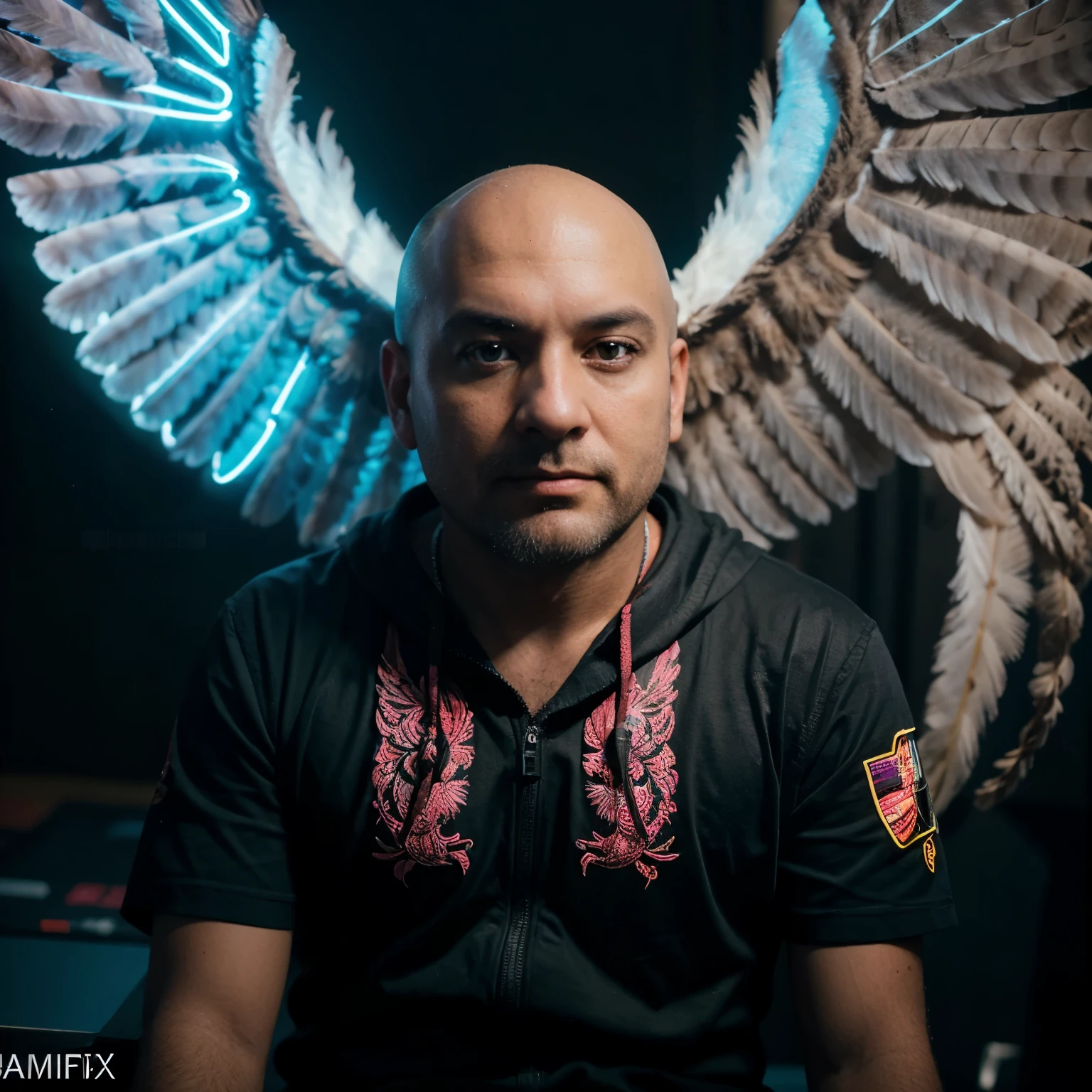40-year-old bald man seated., computadoras alrededor, (A huge owl bird on his shoulder), Red owl, estilo ciberpunk, image angle from above, dramatic light, blue neon light with pink, colores vibrantes, Alta calidad, High Definition, 16k, HD, severe low lighting, Alta calidad, sharp focus, Fujifilm XT3, Fina composicion, super detailed, Mejor calidad.