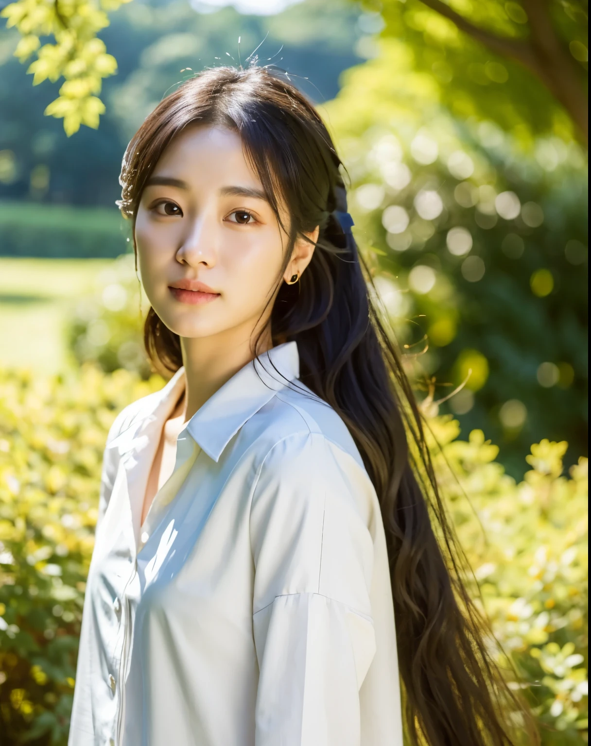 there is a woman with long hair wearing a white shirt, ulzzang, korean girl, heonhwa choe, sakimichan, xintong chen, sun yunjoo, lee ji - eun, lee ji-eun, wenfei ye, jaeyeon nam, park ji-min, jinyoung shin, chiho, yun ling, gongbi