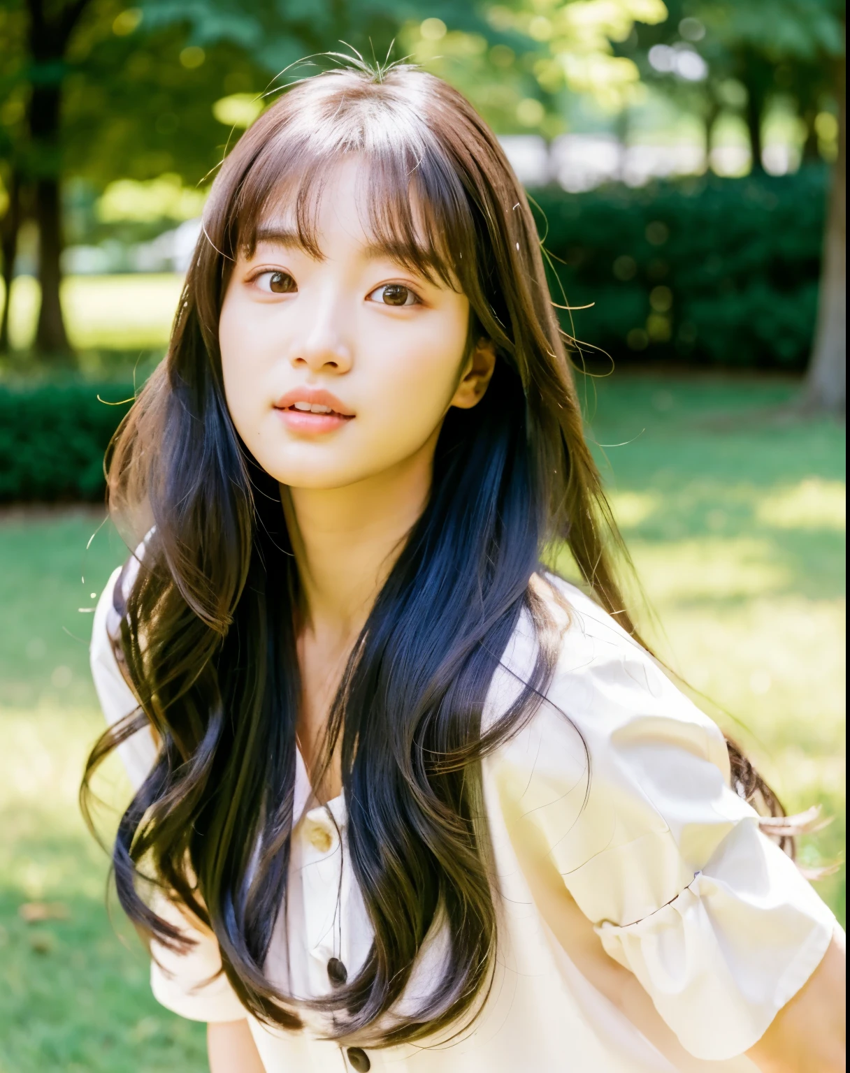 there is a woman with long hair wearing a white shirt, ulzzang, korean girl, heonhwa choe, sakimichan, xintong chen, sun yunjoo, lee ji - eun, lee ji-eun, wenfei ye, jaeyeon nam, park ji-min, jinyoung shin, chiho, yun ling, gongbi