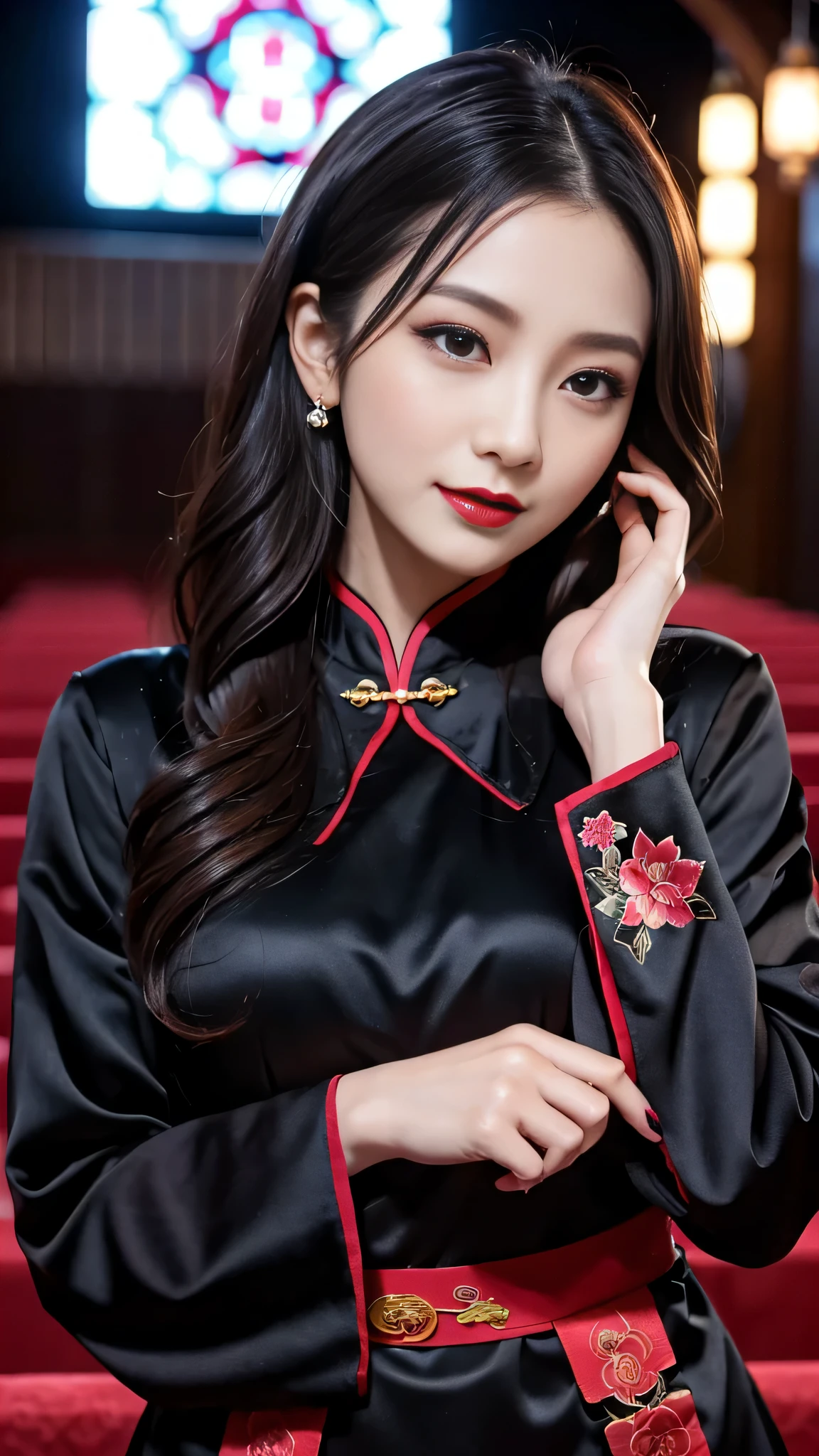 Super detailed、Japanese、charming beauty、seductive adult woman、Beautiful woman、sharp eyes、cool girl、wavy hair、long black cheongsam、wide sleeve、evilの幹部、evil depravity、brainwashing、Mind control、lipstick、grin、evilな表情、evil、empty eyes、evil、church at night、vampire、vampire、Hypnosia makeup brush