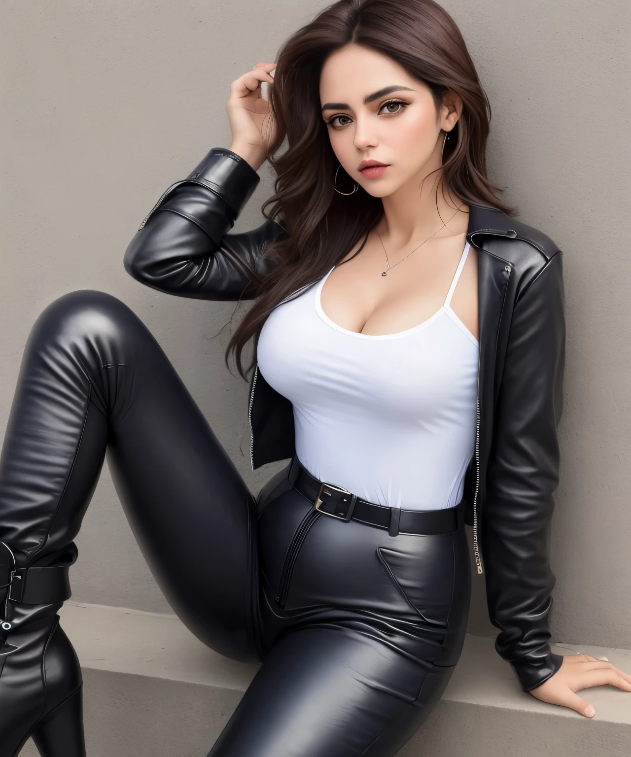 Mujer, embarazada, pelo rubio, ojos azules, cara juguetona y coqueteando , pecho copa D, con camisas de cuadros abierta, Tight leather trousers, y botas de vaquero