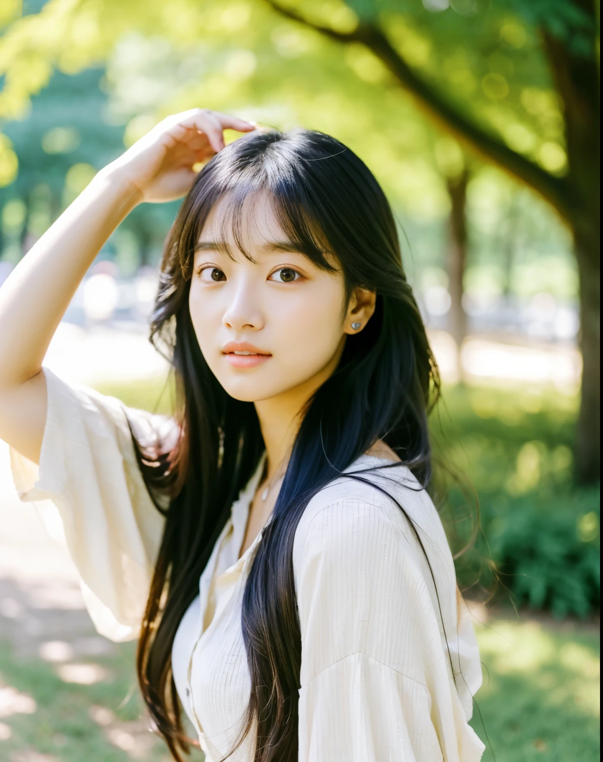 there is a woman with long hair wearing a white shirt, ulzzang, korean girl, heonhwa choe, sakimichan, xintong chen, sun yunjoo, lee ji - eun, lee ji-eun, wenfei ye, jaeyeon nam, park ji-min, jinyoung shin, chiho, yun ling, gongbi