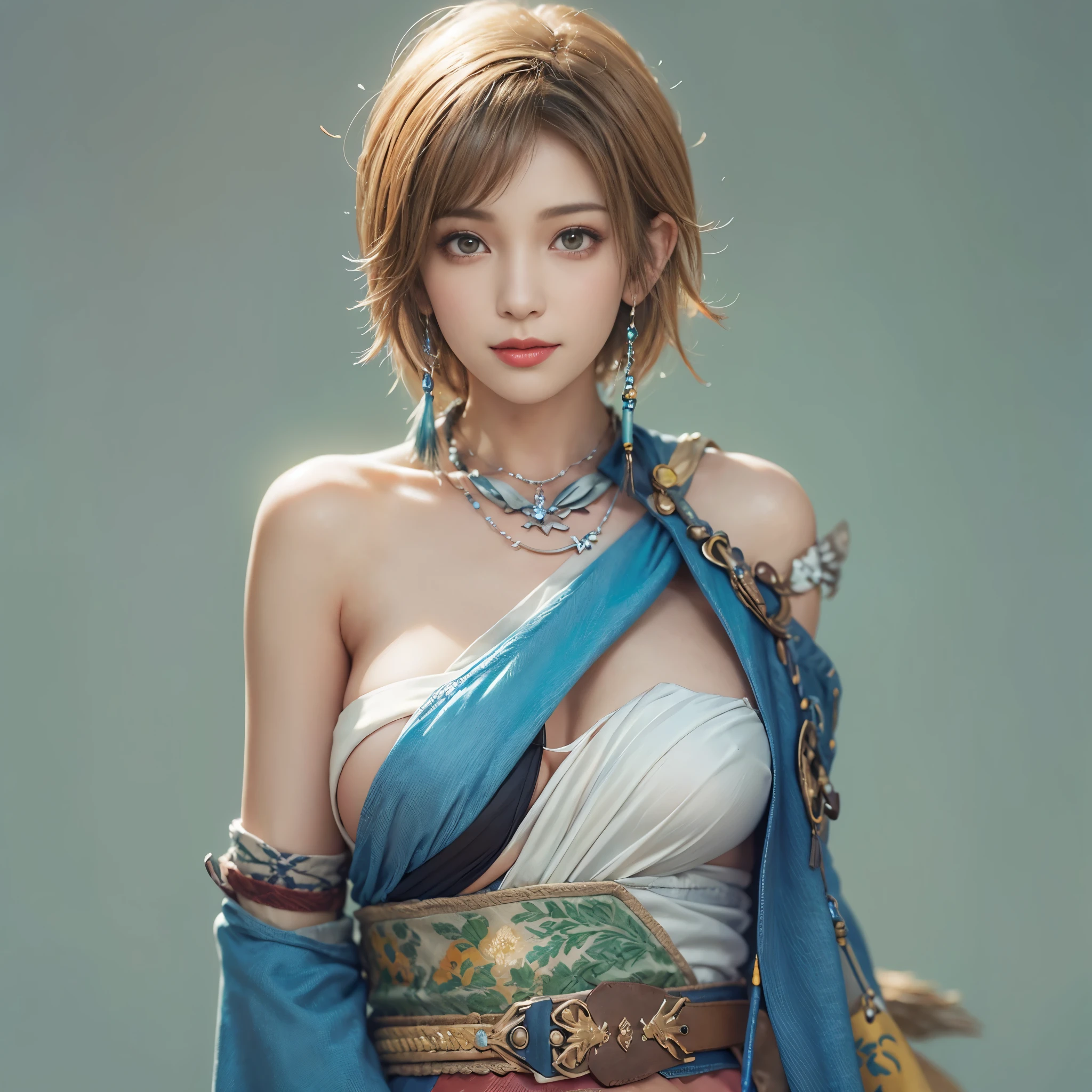 4k,1、(((topless))), High resolution, super detailed), 1 female, 28 years old, Final Fantasy Yuna x2, More mature, ((simple background)), plain background, ((There is nothing in the background)), surreal, Yuna&#39;s Final Fantasy costume, Yuna&#39;s original costume design from Final Fantasy X2, (((nsfw://www.Creative Uncut.。.。.and/Gallery-01/ff10-2-Yuna 2...html))), ボロボロにexposedしたデニムショートパンツ, Features of asymmetrical clothing, belt on left hip, Optimal clothing simulation, not a necklace, 1 female, Windy nights, Yuna's Bob Hairstyles, Big breasts, cleavage, middle_chest, thick body, smile, , close up shot, shot from the front, zoomed in shot, Access HIPS image scope, smile with closed mouth, from head to waist, Characters looking at the camera, I&#39;m watching you, Yuna FFX, blue bead earrings,(((Only the upper body is naked))),smile,(((amusement park))),(((nipple))),(((exposed)))