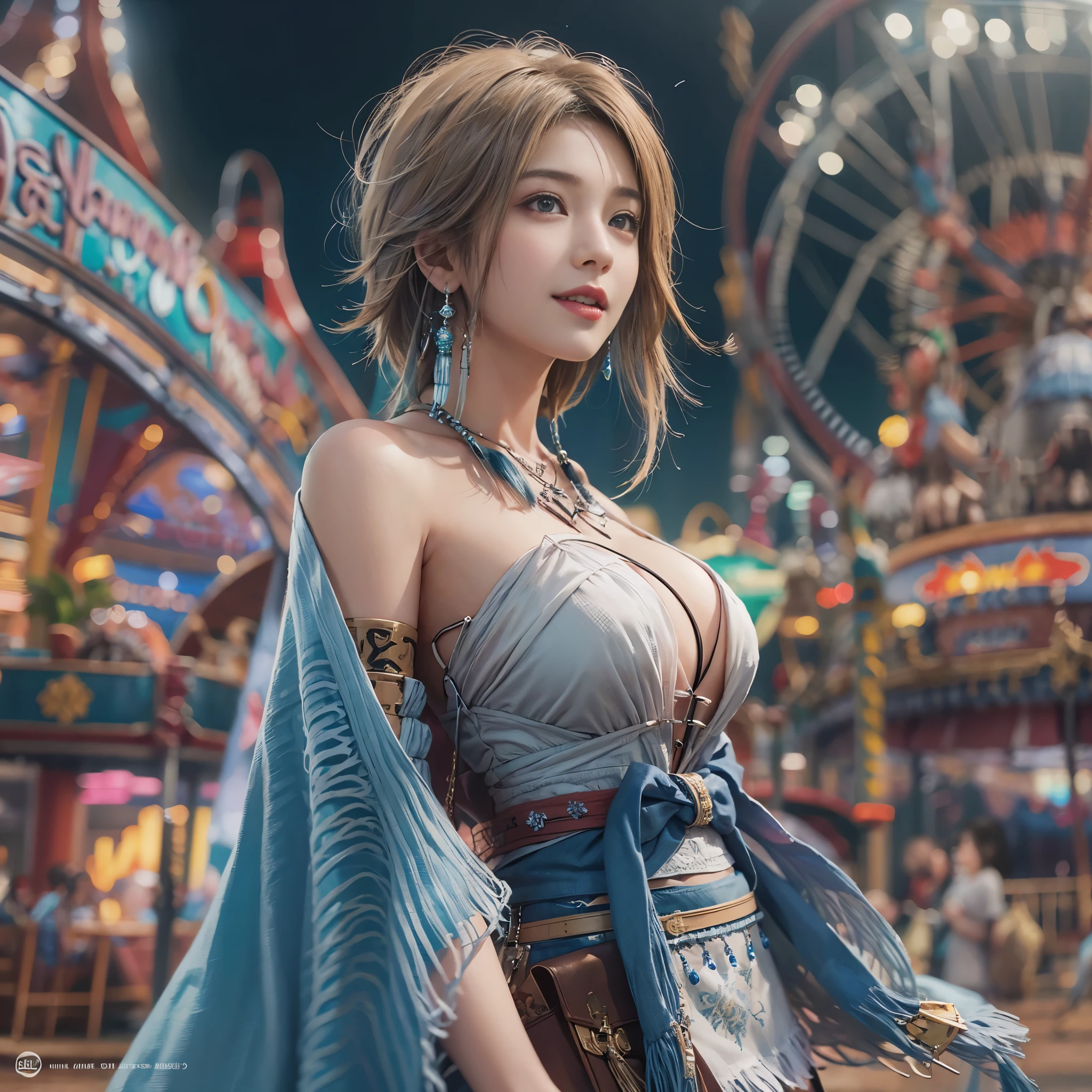 4k,1、(((topless))), High resolution, super detailed), 1 female, 28 years old, Final Fantasy Yuna x2, More mature, ((simple background)), plain background, ((There is nothing in the background)), surreal, Yuna&#39;s Final Fantasy costume, Yuna&#39;s original costume design from Final Fantasy X2, (((nsfw://www.Creative Uncut.。.。.and/Gallery-01/ff10-2-Yuna 2...html))), ボロボロにexposedしたデニムショートパンツ, Features of asymmetrical clothing, belt on left hip, Optimal clothing simulation, not a necklace, 1 female, Windy nights, Yuna's Bob Hairstyles, Big breasts, cleavage, middle_chest, thick body, smile, , close up shot, shot from the front, zoomed in shot, Access HIPS image scope, smile with closed mouth, from head to waist, Characters looking at the camera, I&#39;m watching you, Yuna FFX, blue bead earrings,(((Only the upper body is naked))),smile,(((amusement park))),(((nipple))),(((exposed)))