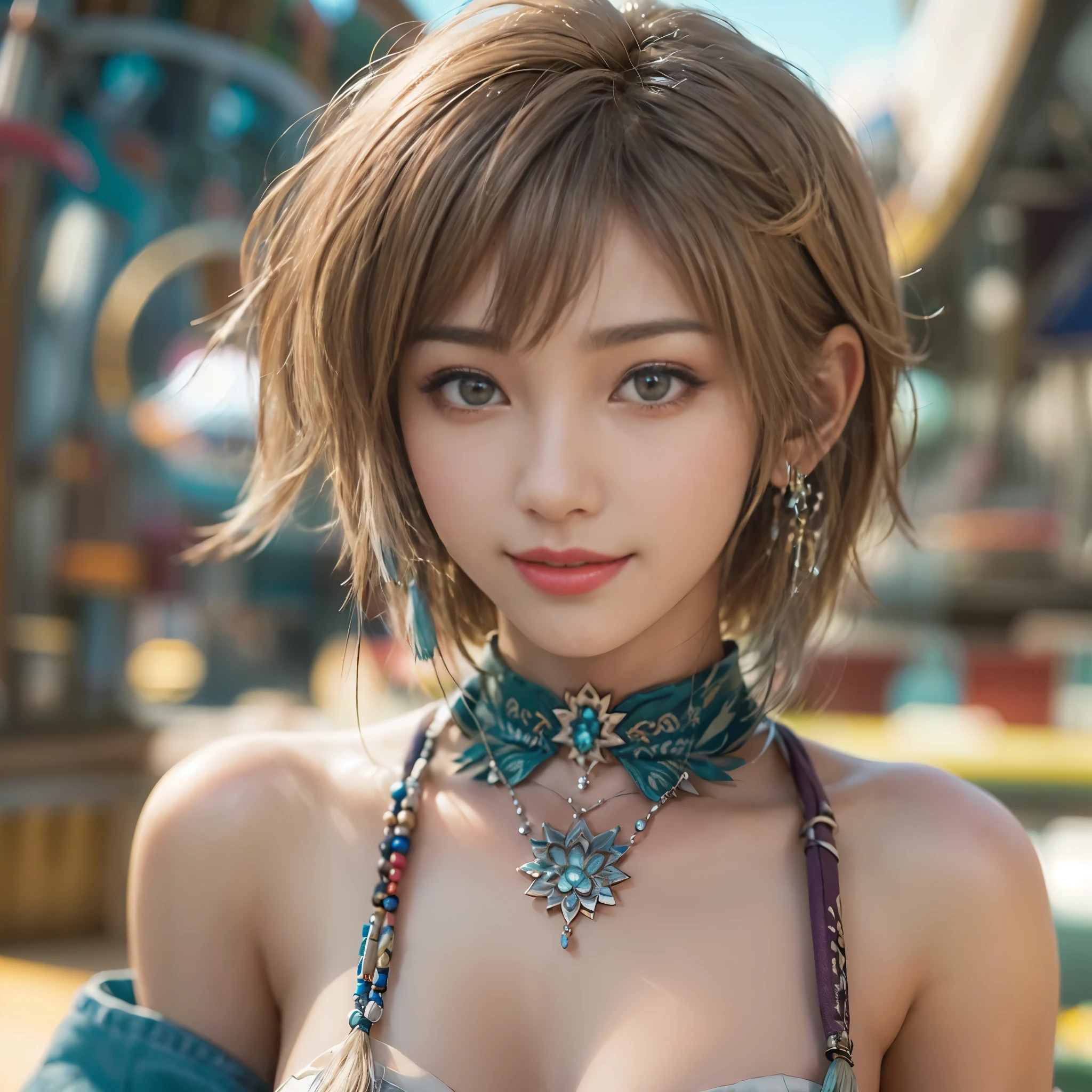 4k,1、(((topless))), High resolution, super detailed), 1 female, 28 years old, Final Fantasy Yuna x2, More mature, ((simple background)), plain background, ((There is nothing in the background)), surreal, Yuna&#39;s Final Fantasy costume, Yuna&#39;s original costume design from Final Fantasy X2, (((nsfw://www.Creative Uncut.。.。.and/Gallery-01/ff10-2-Yuna 2...html))), ボロボロにexposedしたデニムショートパンツ, Features of asymmetrical clothing, belt on left hip, Optimal clothing simulation, not a necklace, 1 female, Windy nights, Yuna's Bob Hairstyles, Big breasts, cleavage, middle_chest, thick body, smile, , close up shot, shot from the front, zoomed in shot, Access HIPS image scope, smile with closed mouth, from head to waist, Characters looking at the camera, I&#39;m watching you, Yuna FFX, blue bead earrings,(((Only the upper body is naked))),smile,(((amusement park))),(((nipple))),(((exposed)))