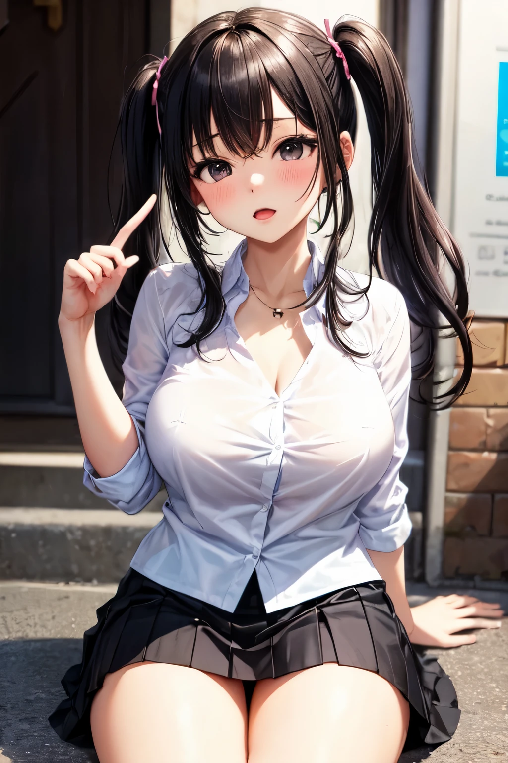 pigtails, black hair, black eyes, up skirt, open blouse, scat