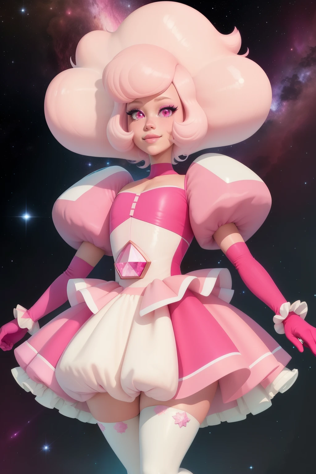 pnkdamond, pink hair, pink eyes, big hair, stomach gem, pink skin, toned,
puffy short sleeves, elbow gloves , white thighhighs, puffy dress,
standing, upper body,
outerspace,
(insanely detailed, beautiful detailed face,beautiful detailed eyes, masterpiece, best quality) cinematic lighting, smile,