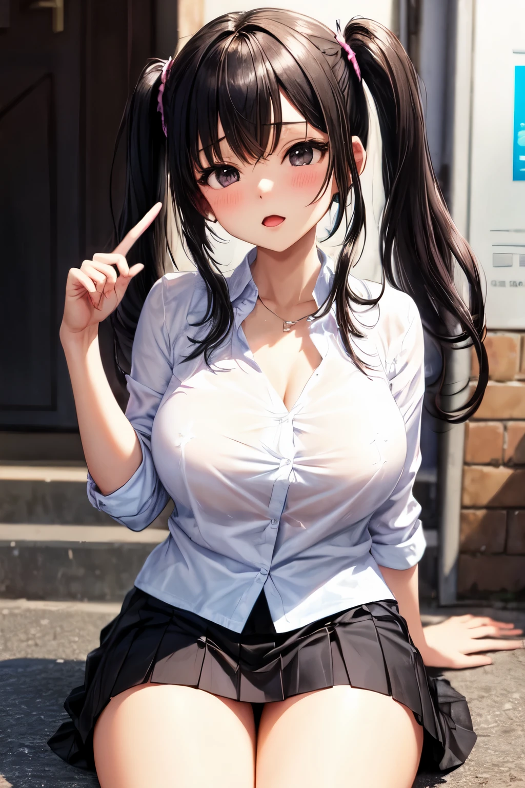 pigtails, black hair, black eyes, up skirt, open blouse, scat