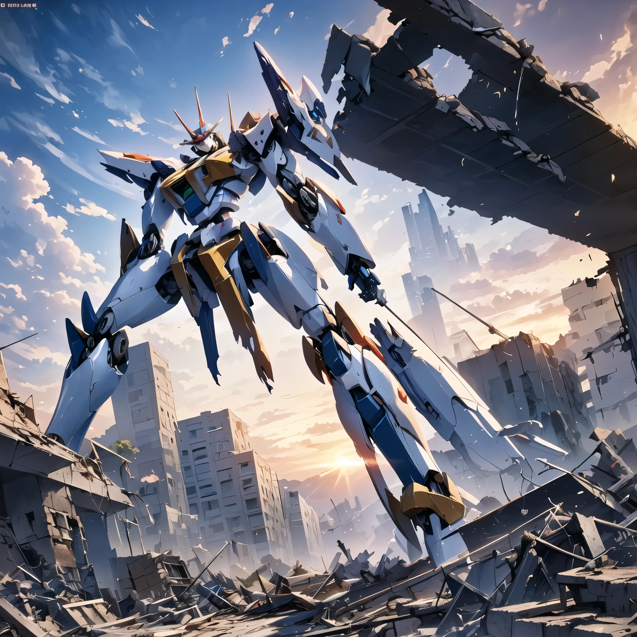 (masterpiece, best quality:1.2), (full-body shot)，(center)，on the desolate wasteland，The afterglow of the setting sun dyes the fragmented skyline red。The once glorious city is now reduced to dust，Only ruins and overgrown wasteland remain。in this desolate landscape，(A lone broken and abandoned mecha lies next to a pile of rubble:1.5)。Its metal casing is badly damaged，wires exposed，As if going through a fierce battle。Broken gears scattered around、Twisted metal and broken glass。These bear witness to its past，An era of advanced technology and prosperity。However，Now all this has become，Only this broken body is left。With the breeze blowing，Weeds swaying around，As if mourning its fall。The afterglow of the setting sun shines on it，Giving its damaged shell a layer of tragic light。in this desolate scene，The wasteland world has become a symbol of an era，A once glorious civilization no longer exists。it lies there alone，let time pass，Become an unforgettable picture of a ruined world，(global illumination, Ray tracing, high dynamic range, Unreal rendering, Reasonable design, high detail, masterpiece, best quality, ultra high definition, light)，3d style