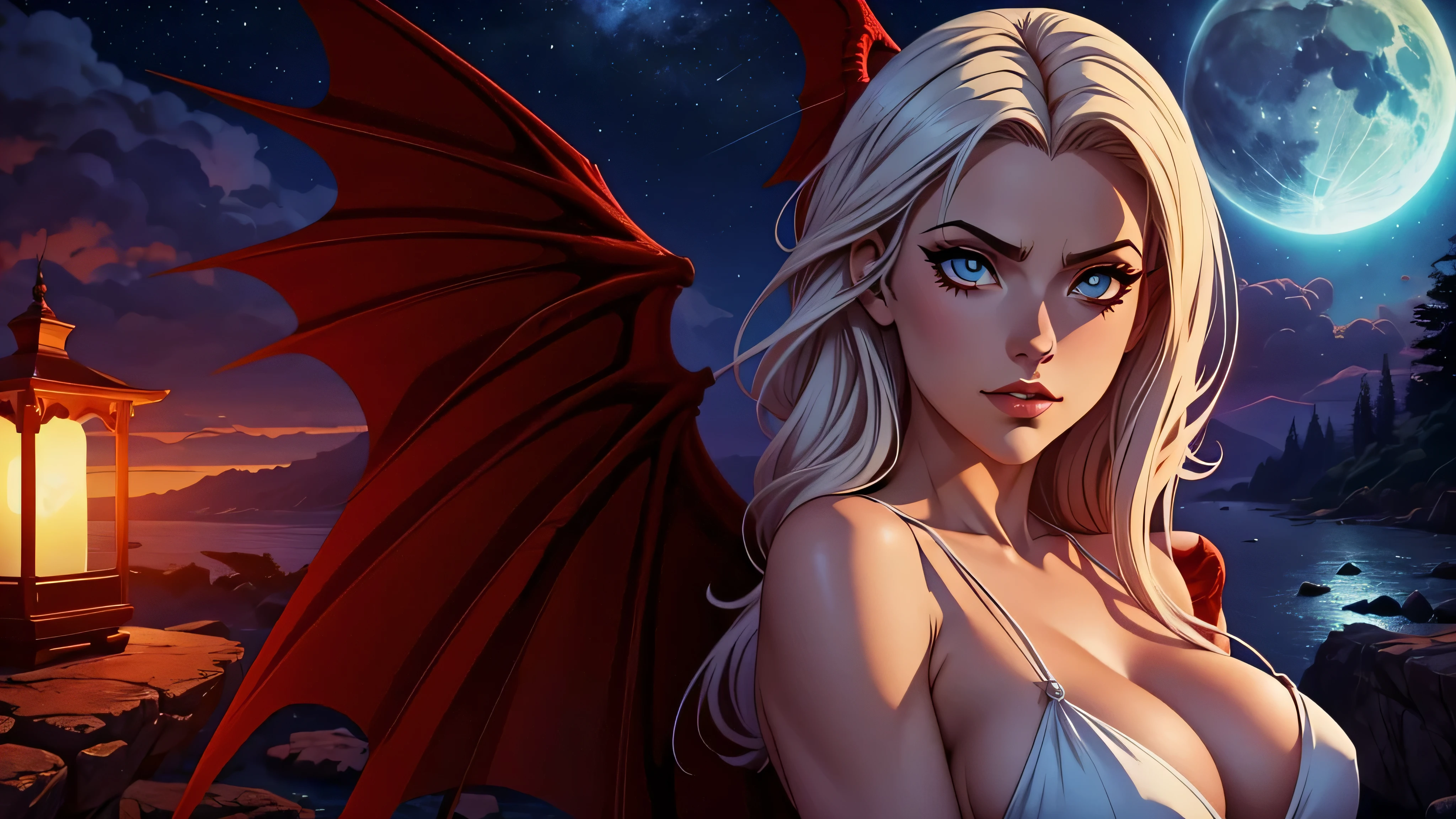 garota de anime, corpo inteiro, Diabo, cabelo vermelho, Risadas altas, Lua, Vento, noite, beleza, demon wings, olhos vermelhos, dois chifres, Lualit noite, Outro mundo,