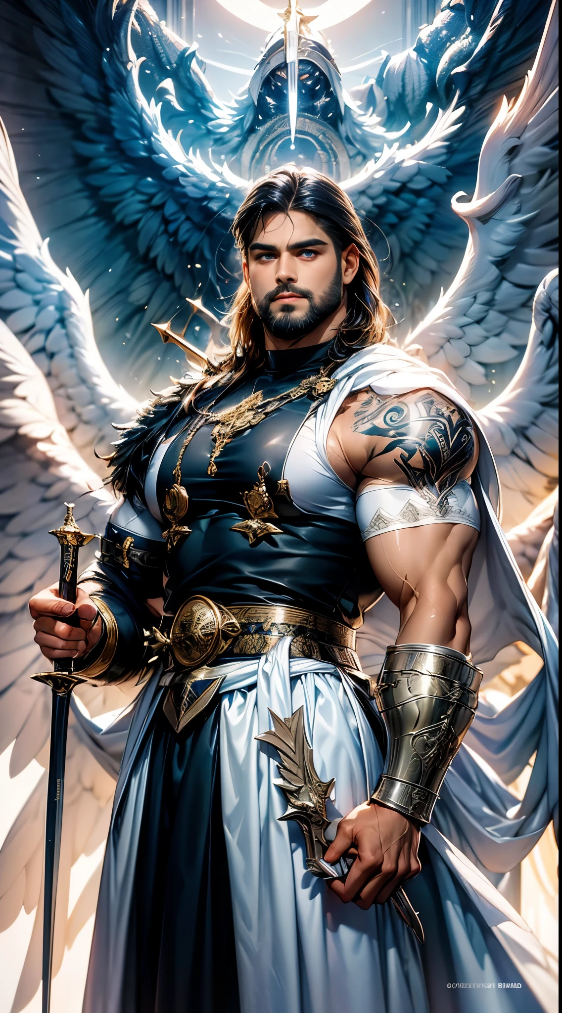 Daegan Tronos LoRa(1), no more characters, handsome, muscle, detailed face, wings of angel(symmetrical style), blue eyes(iris color), small beard, long haircut, viking clothes, viking armor, wielding sword, tattooed arms, flying in the air(body), visual harmony, epic wallpaper.