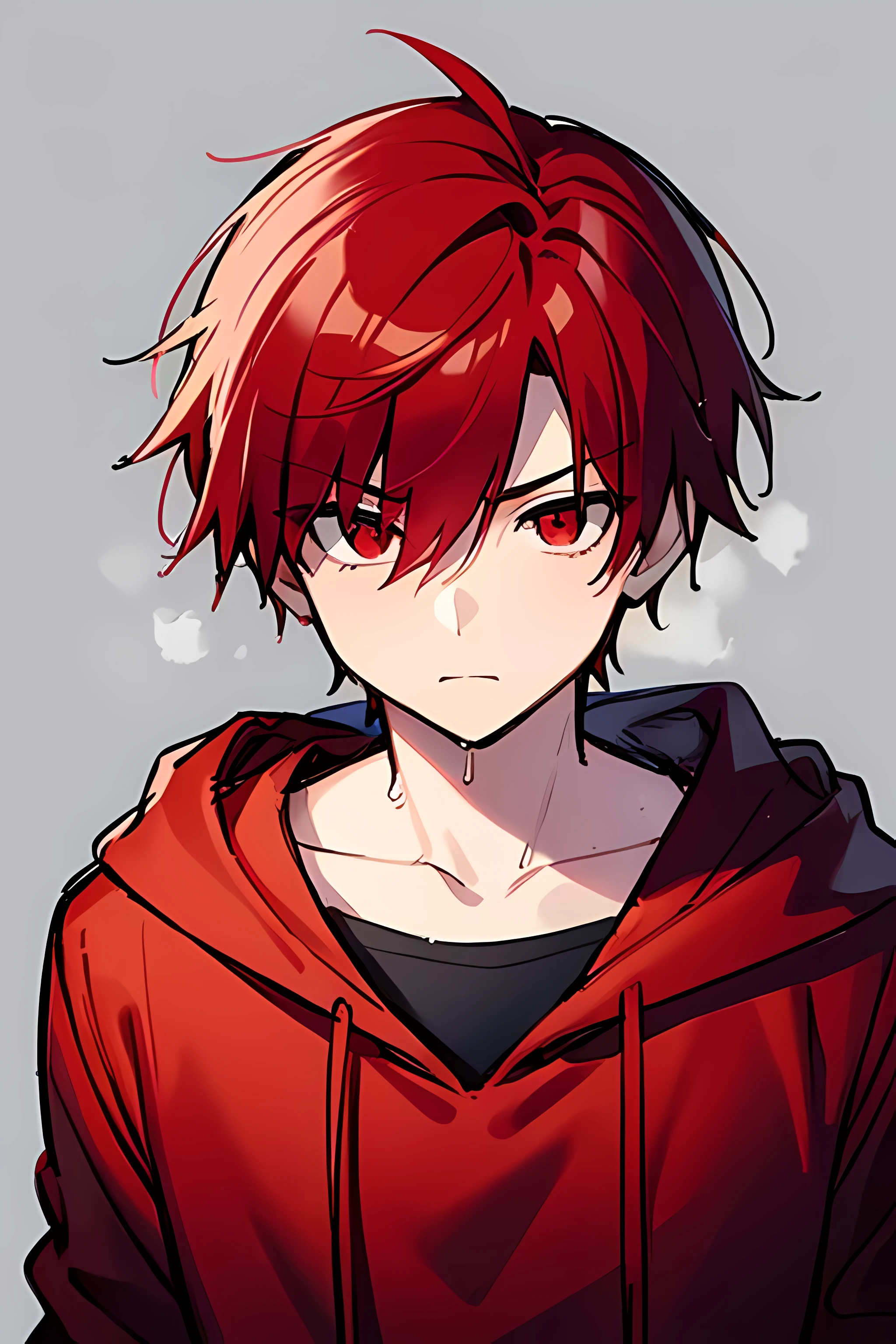 1boy,solo,1boy,solo,((detailed eyes)), red eyes, (detailed light),depth of field,(red hair),short hair, wearing a red hoodie,wet, serious, black background,falling,sketch,upper body,intense shadows