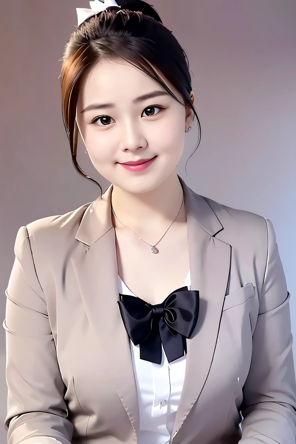 best quality,masterpiece,ultra high resolution,(lifelike:1.4),1 girl portrait,facial focus, wearing white shirt,red bow tie,Gray blazer,Wearing a silver necklace around the neck,ponytail,charming neck,a fat face,charming smile,short hair,hair tied up,in studio, Soft pink background