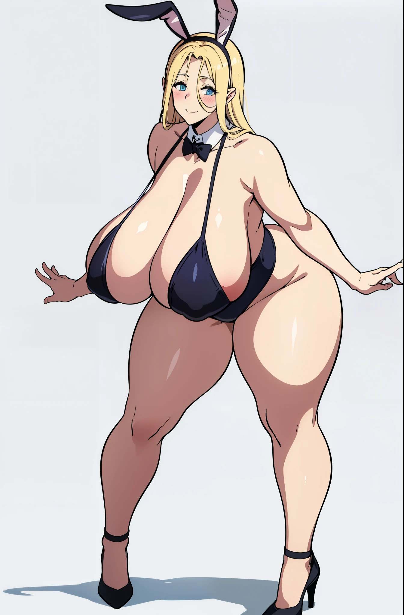 ((Cartoon image of a tall fat woman with long legs wearing a bunny suit and high heels)), tits, tits proportions, big breasts!!,big breasts!, Close-up of intense gesture style, She has a Plump, round belly, 覆われたSFWのhuge breasts, junko enoshima, big breastsを持つ, Full body close-up shot, thick, big breastsを持つ,mature woman,huge breasts,Plump,,((垂れ下がったtits)),blond hair,white skin,forward bending pose,blond hair,smile,((blush)),closed eye,cerestiadef,