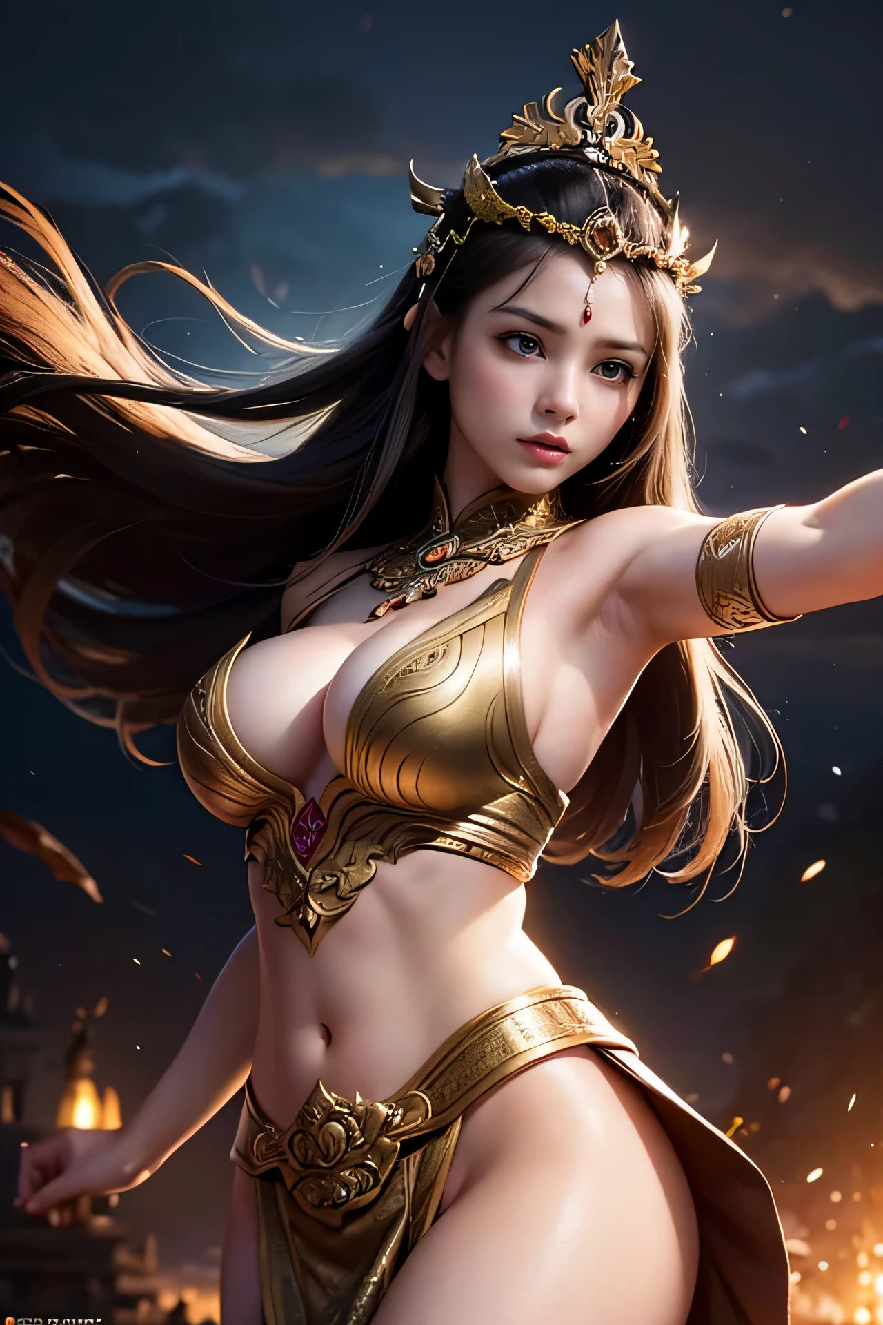 1female, a warrior female during the Majapahit kingdom era, with a sharp and brave gaze, wearing ancient Javanese war armor, southeast Asian female, showing armpit, sensual pose, half body, Prambanan Temple in the background, ancient Javanese era, cinematic photography, (Warm Light: 1.2), (Firefly: 1.2), Lights, Intricate Details, Volumetric Lighting (Masterpiece: 1.2), (Best Quality), 8k, Ultra Detailed, (Dynamic Composition: 1.4), Rich in Detail and Color, (Glow, Atmospheric Lighting), detailed beautiful delicate face, detailed beautiful delicate eyes, a face of perfect proportion, clear skin texture, ultra-detailed body