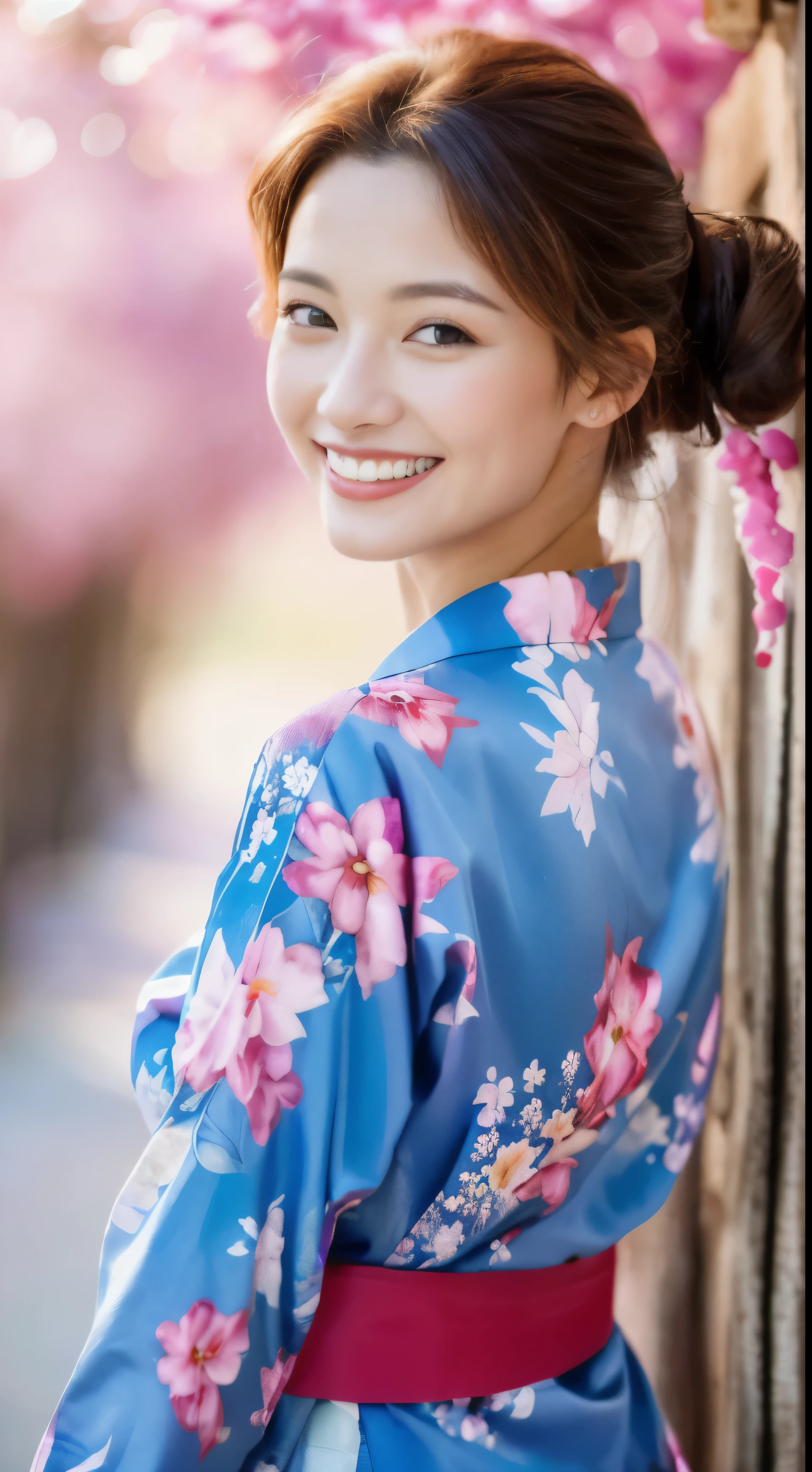 (Beautiful woman in kimono) (masterpiece)、(((((Highest image quality))、((High resolution))、((High-definition CG Unity 8k Wallpapers))、solo, A beautiful woman is depicted in a pink floral kimono, accentuated by a blue belt. The scene unfolds outdoors, with a lively area on the coast serving as the background. The image showcases intricately detailed facial features, including chestnut hair, and the woman smiles delightfully at the camera in high r