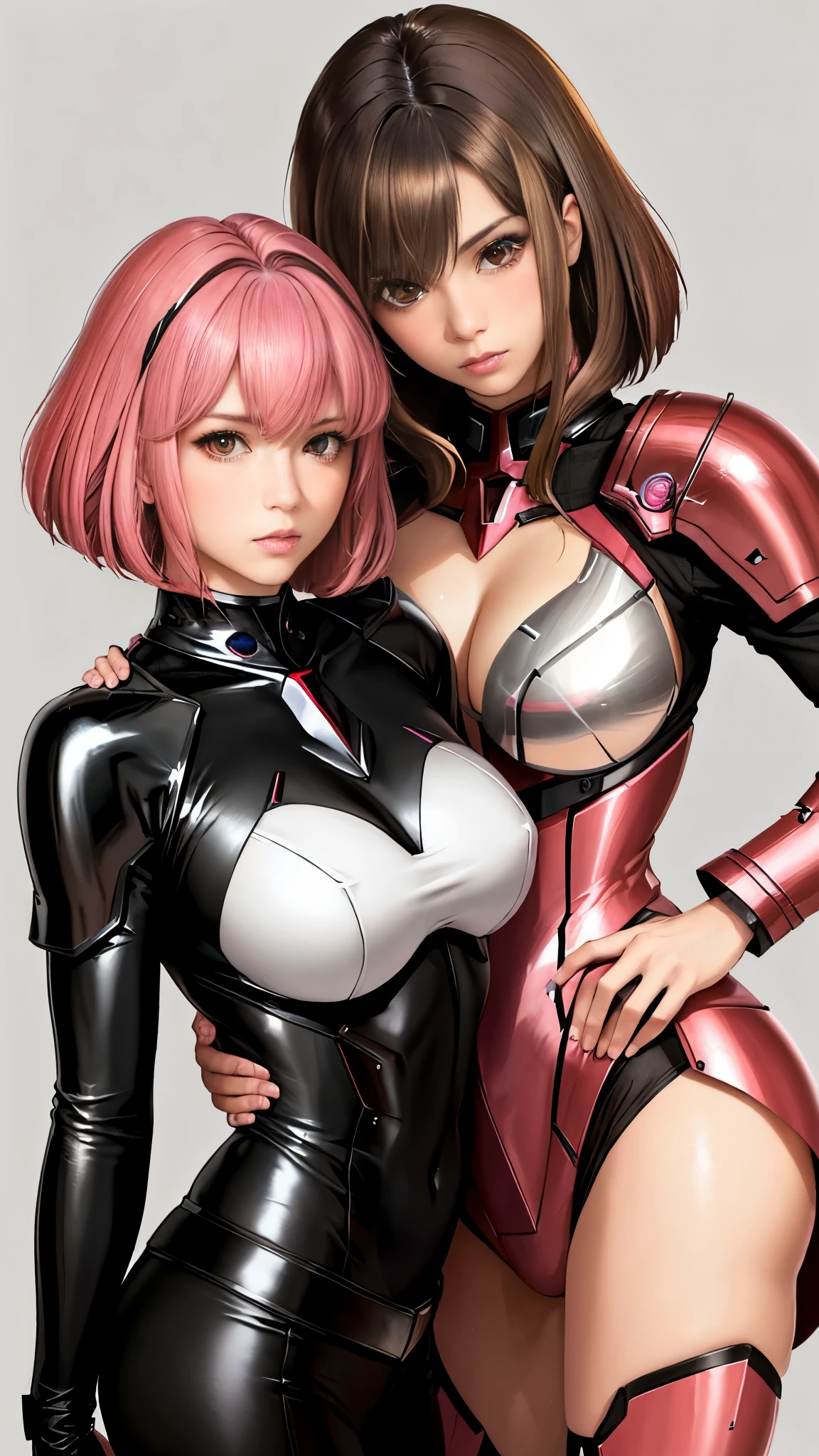 Photo of two realistic black Sazabi girls，Shortcut Bob Cut，I have a lot of hair，brown eyes，Hair color is bright pink，cool look，background is gray，16 year old daughter of Haman Khan and Char Aznable.