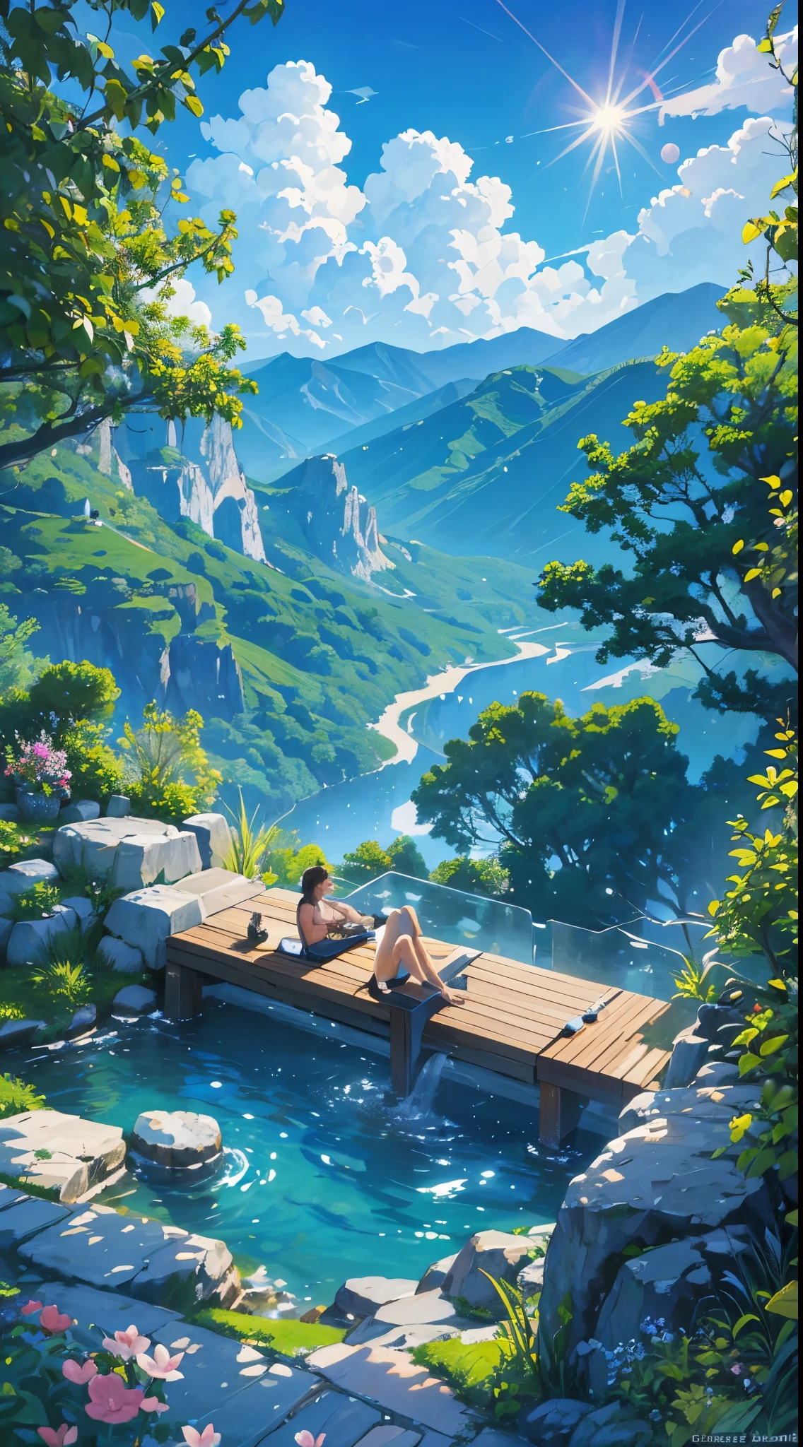 a painting of a man sitting in a hot tub with a glass of wine, hot tub, above lush garden and hot spring, hollister ranch, blue sky,cloudy, small wellness relaxation pool, beachwood treehouse, wilderness ambiance, unsplash painting, connected to nature via vines, flowers, mountain view, illustration, painting, anime style