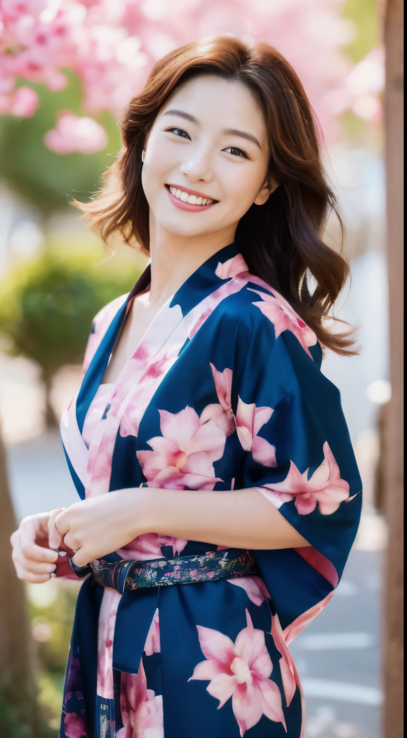 (Beautiful woman in kimono) (masterpiece)、(((((Highest image quality))、((High resolution))、((High-definition CG Unity 8k Wallpapers))、solo, A beautiful woman is depicted in a pink floral kimono, accentuated by a blue belt. The scene unfolds outdoors, with a lively area on the coast serving as the background. The image showcases intricately detailed facial features, including chestnut hair, and the woman smiles delightfully at the camera in high r