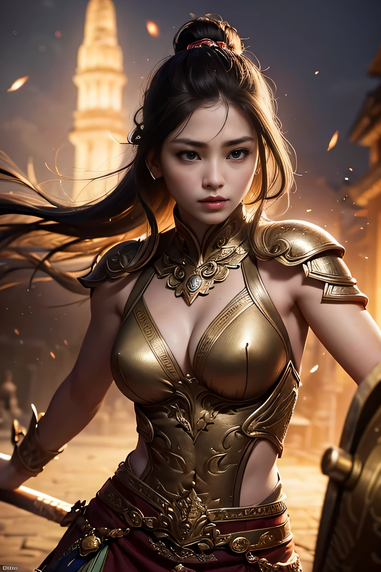1female, a warrior female during the Majapahit kingdom era, with a sharp and brave gaze, wearing ancient Javanese war armor, southeast Asian female, showing armpit, sensual pose, half body, Prambanan Temple in the background, ancient Javanese era, cinematic photography, (Warm Light: 1.2), (Firefly: 1.2), Lights, Intricate Details, Volumetric Lighting (Masterpiece: 1.2), (Best Quality), 8k, Ultra Detailed, (Dynamic Composition: 1.4), Rich in Detail and Color, (Glow, Atmospheric Lighting), detailed beautiful delicate face, detailed beautiful delicate eyes, a face of perfect proportion, clear skin texture, ultra-detailed body