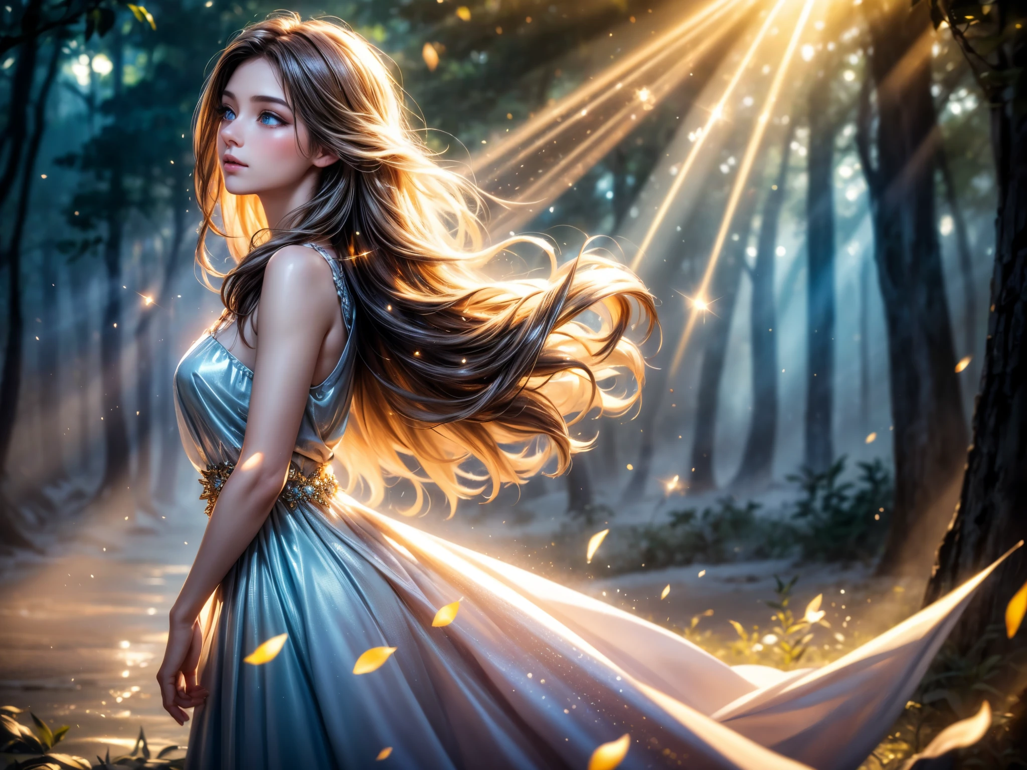 best quality,highres,ultra-detailed,realistic,portraits,colorful,studio lighting,Tyndall Effect,girl,detailed eyes,detailed lips,sunlight through the mist,sparkling particles,soft focus,ethereal atmosphere,warm color palette,subtle glow,fairy-like appearance,airy dress,long flowing hair,natural setting,playful expression