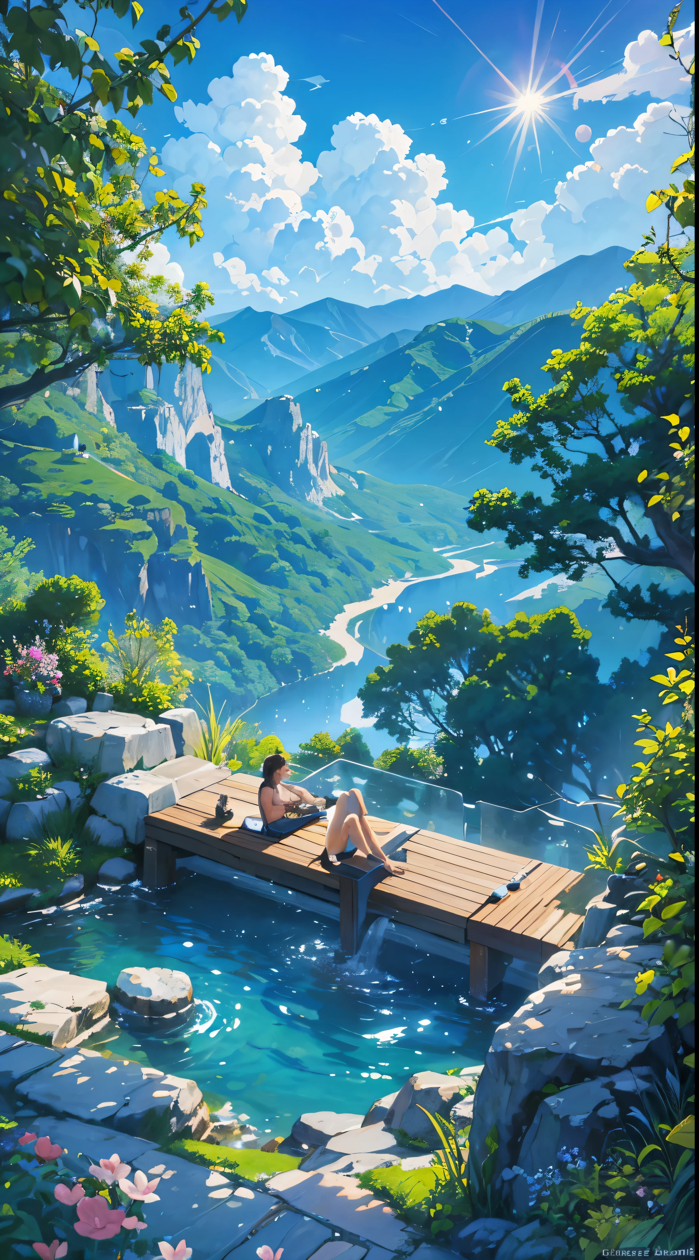 a painting of a man sitting in a hot tub with a glass of wine, hot tub, above lush garden and hot spring, hollister ranch, blue sky,cloudy, small wellness relaxation pool, beachwood treehouse, wilderness ambiance, unsplash painting, connected to nature via vines, flowers, mountain view, illustration, painting, anime style