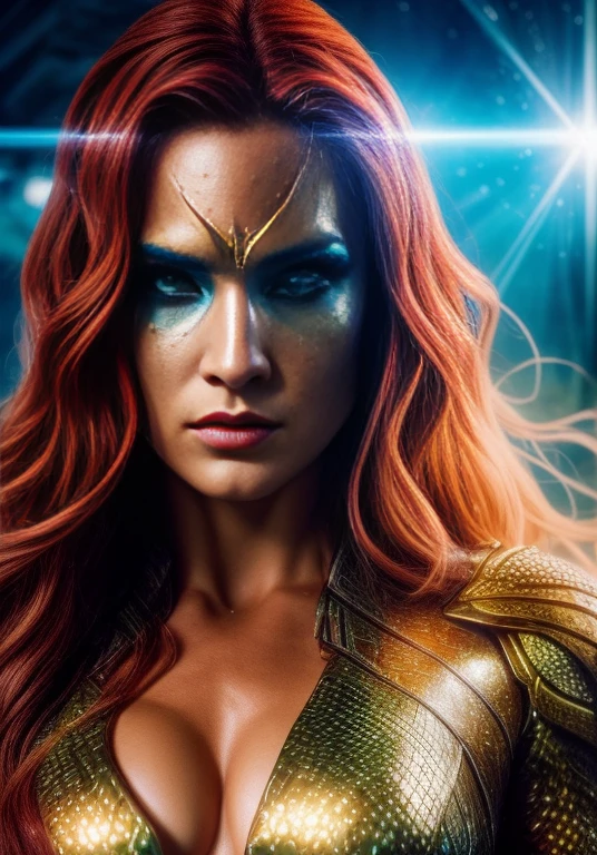 corola bravo art style Movie scene, close-up shot of Woman dressed as Aquaman from DC, distorted space, distorted undead in the background, lens flares, light shafts, intricate details, highly detailed, volumetric lighting, 4k rendering, stock photo, hyper-realistic, realistic textures, dramatic lighting, Unreal Engine