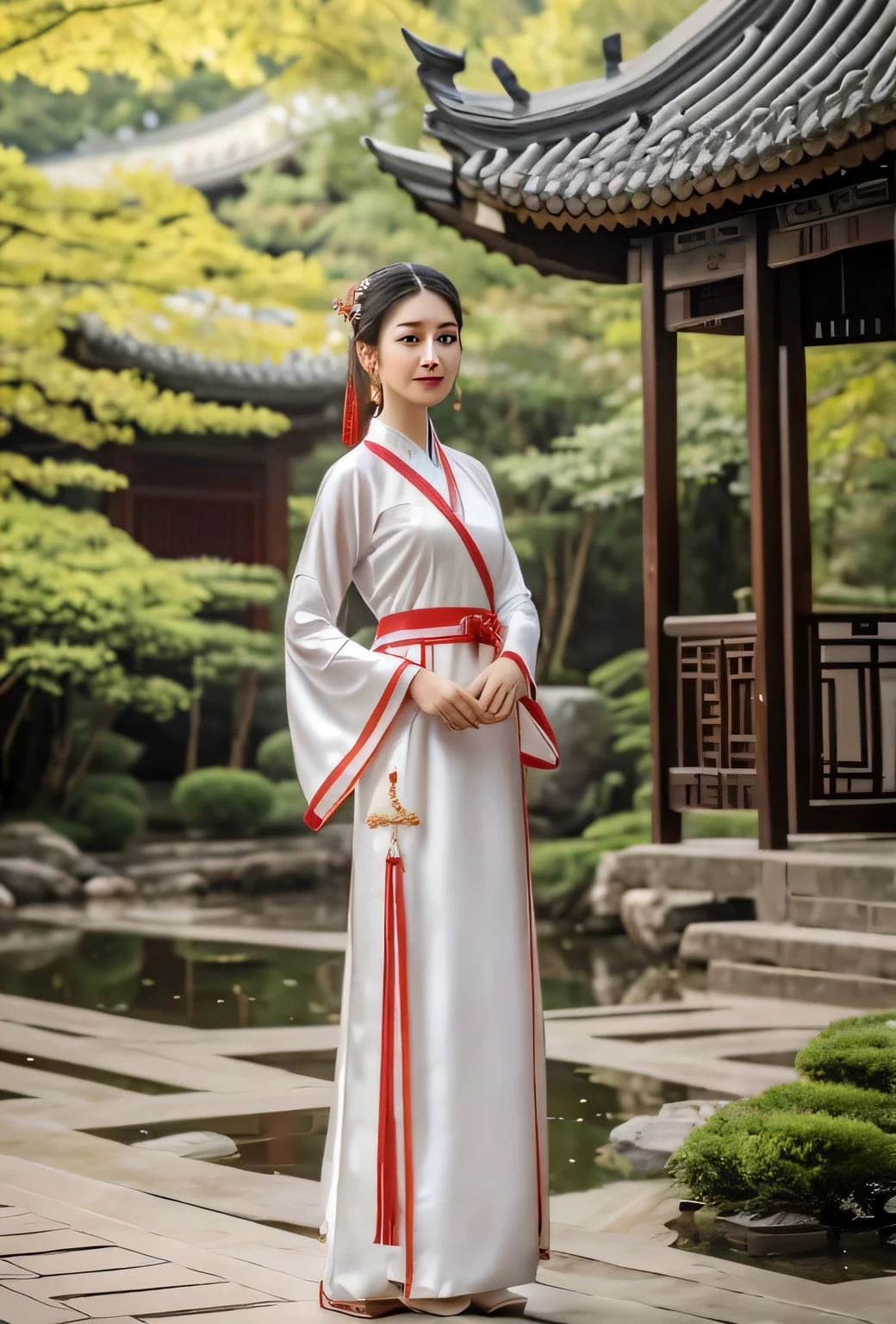 Alafid Asian woman in traditional clothing standing in front of pond, White Hanfu, palace ， A girl wearing Hanfu, Wearing ancient Chinese clothing, Hanfu, Paired with ancient Chinese costumes, traditional Chinese clothing, Hanfu, cheongsam, flowing white robe, traditional Chinese, Flowing robes, ancient white clothes, Inspired by Gu An, classical robe