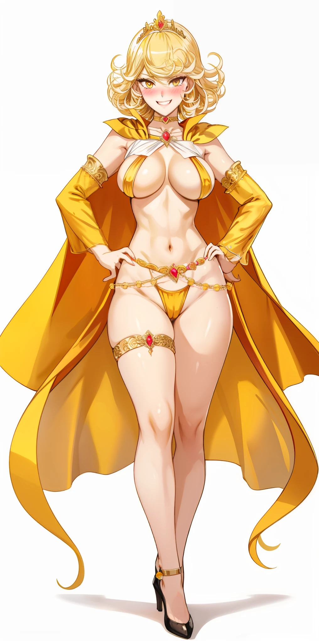 Two long thighs, yellow eyes, blonde hair, short hair, large breasts, detached sleeves, very white background, royal tiara, long cape, yellow tiger bikini, high heels, hands on hips. red tattoo on belly navel, full body female MILF BIMBO, lustful smirking smile face (red blush), metal shoulders, golden bracers sleeveless, black choker sex slave, white background