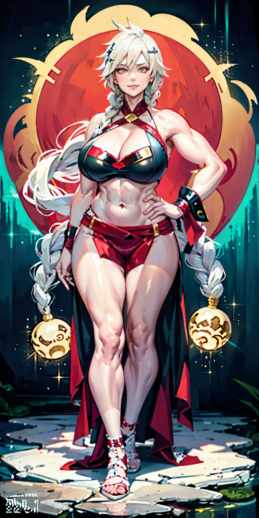 1girl full body standing, nice ass, Hairstyle with a braid, white colored hair, Yellow eyes, perfect lighting, muscular, thights, Mature woman, mummy, bellybutton, Abs, looks at the viewer (tmasterpiece, hiquality: 1.1) ssmile, Extremely huge breasts, Maternal, porcelain skin, extra very long hair, sparkly skin, good face, chest cover