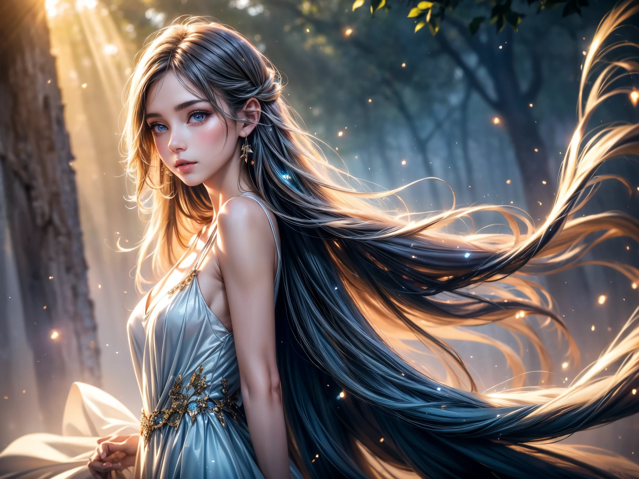 best quality,highres,ultra-detailed,realistic,portraits,colorful,studio lighting,Tyndall Effect,girl,detailed eyes,detailed lips,sunlight through the mist,sparkling particles,soft focus,ethereal atmosphere,warm color palette,subtle glow,fairy-like appearance,airy dress,long flowing hair,natural setting,playful expression