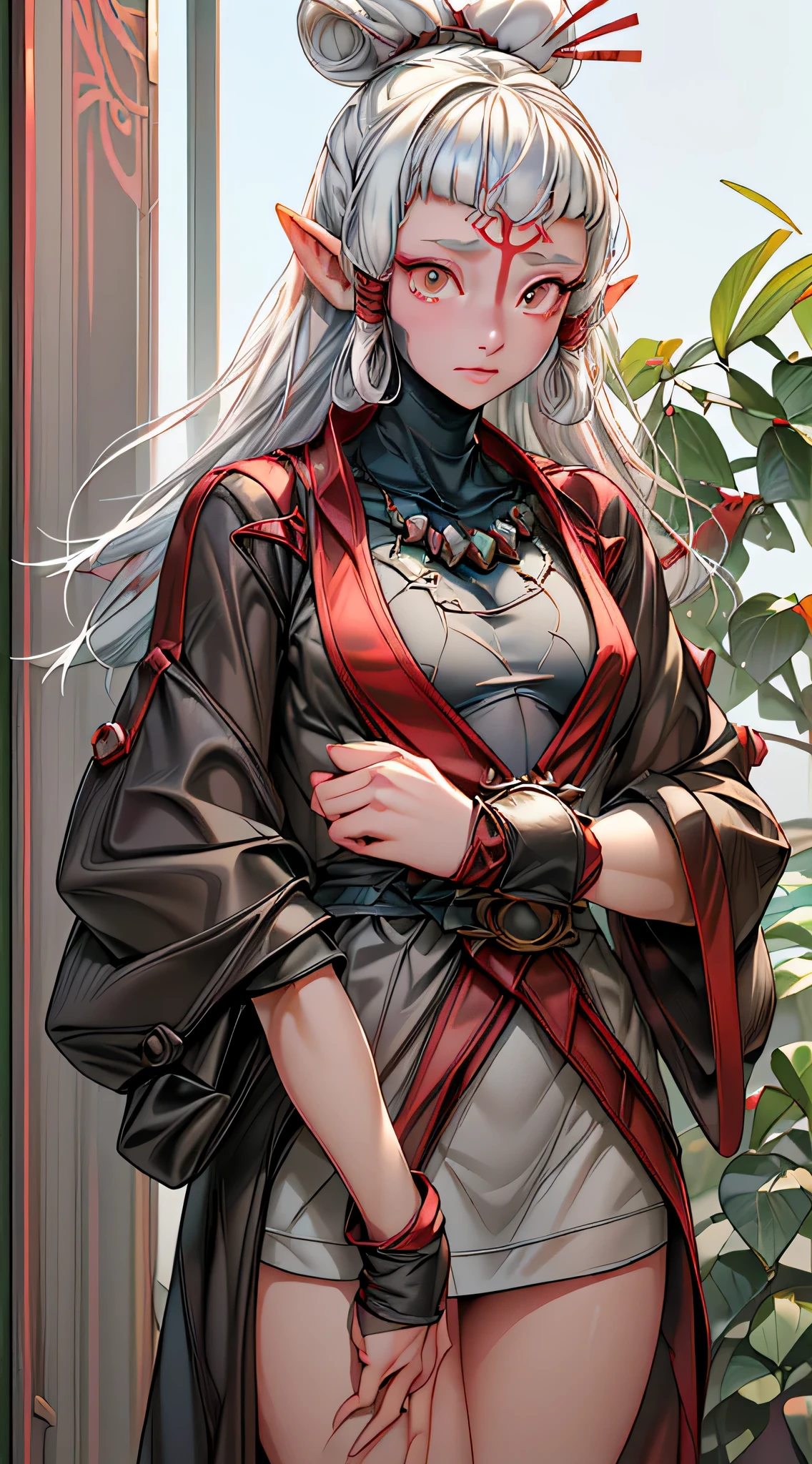 paya, cute elf ,girl, 1girl,(((little ,tiny little body,small))),((())),((anime elf with extremely cute and beautiful black hair)),(((elf, elf ears))),((((white hair:1.35,hair with a braid,colored inner hair,ear breathing)))),(((red_eyes:1.3))),intricate eyes,beautiful detailed eyes,symmetrical eyes,big eyes:1.5,(((lustrous skin:1.5,bright skin: 1.5,skin tanned,shiny skin,very shiny skin,shiny body,plastic glitter skin,exaggerated shiny skin,illuminated skin))),(delicate detailed fingers,detailed body,detailed arms,human hands,(detailed face)), cute,slutty,erotic,daring,nsfw, zettai ryouiki,revealing clothing,show skin,(((Sexy red fur coat, red fur coat outfit, wearing a red fur coat:1.3,red winter coat))), ((red mini-skirt,red mini skirt with furry edge,visible thong straps)),((underpants strap)),(white gloves,red clothes,semi-naked,with little red clothing,((((furry edge clothing)))),(((intricate outfit,intricate clothes,embroidered outfit,ornate outfit,embroidered clothes,ornate clothes))), (dynamic pose:1.0),embarrassed,(centered,scale to fit dimensions,Rule of thirds), inside,indoor,((cozy gothic room)),scenery:1.25,((intricate scenery)),((winter decorations)),Christmas tree, (Glossy winter ornaments),highres,sharp focus,(ultra detailed,extremely detailed),(photorealistic artwork:1.37),(extremely detailed CG unity 8k wallpaper),(((vibrant colors,vibrant theme))),(intricate),(masterpiece),(best quality),