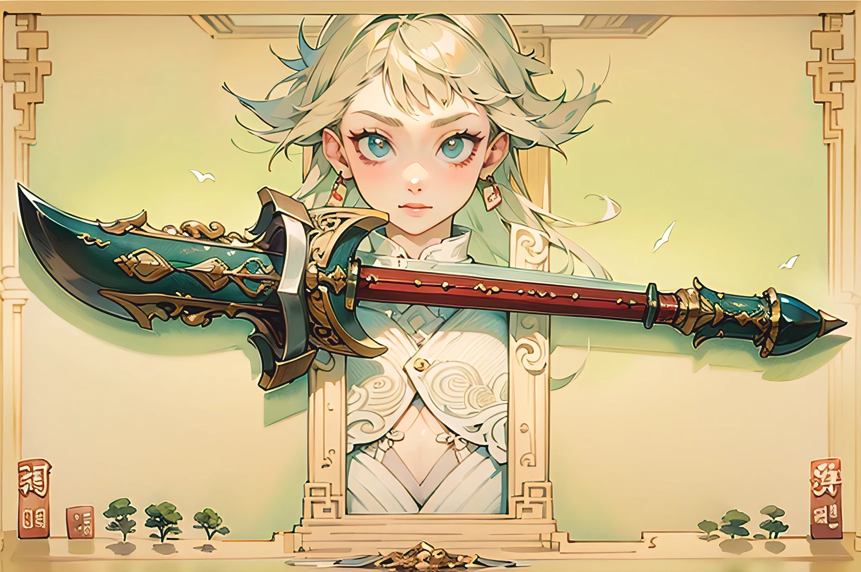 (((best quality))), (((masterpiece))), Weapons to be included in the Weapon Encyclopedia, chinese polearm, long windows, 날의 길이가 long windows, The blade at the tip of the spear is wide.....