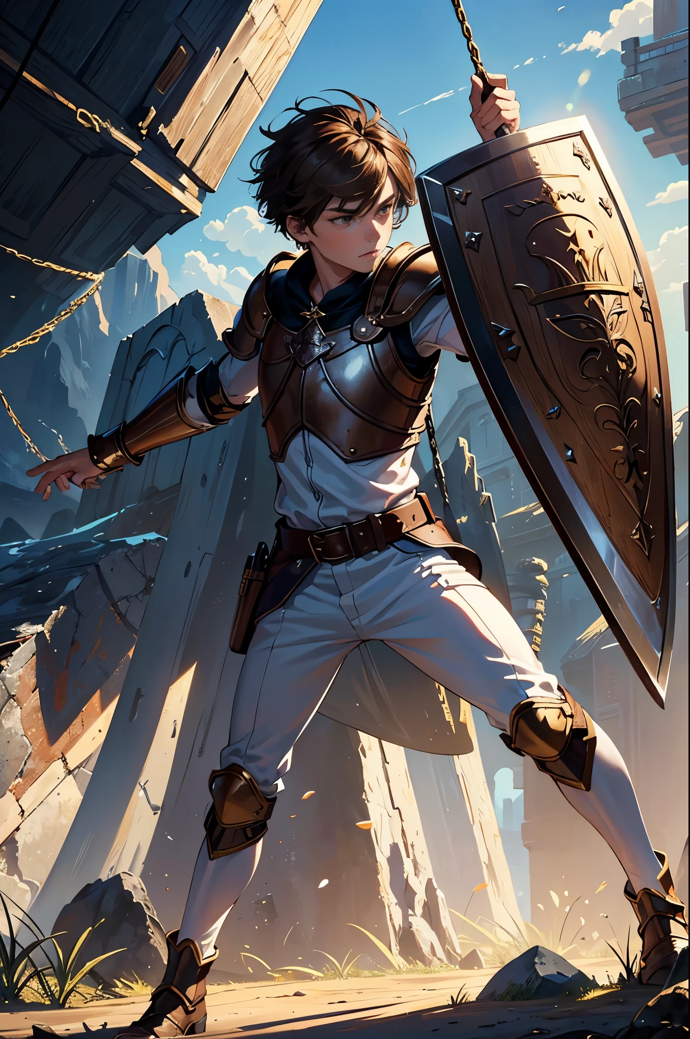 masterpiece, Super detailed, 8K portrait, RAW photo, Portrait photo of a man, highly detailed face, cool and careful eyes, ((fantasy)), (((((1boy))))), (((youth))), 17 years old, warrior, dynamic action pose, (((legs open, Hold up a shield and swing a sword))), (((short brown hair))), (((White skin color))), (((leather armor))), Midday sun, surreal, long legs, In the battle field of the Middle Ages, environmental lighting, shadow details, focus the camera on the face, strong wind, light fog