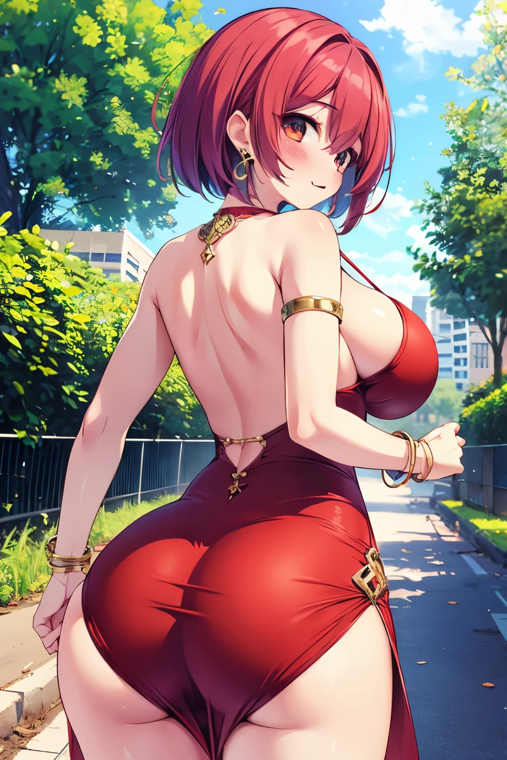 One-piece dress with dragon pattern on red fabric, street tree, earrings, mature woman, solo, bob hair, curvy, bracelet, blush, cleavage, (viewer), highest quality, high resolution, back hand, slit in dress can be,