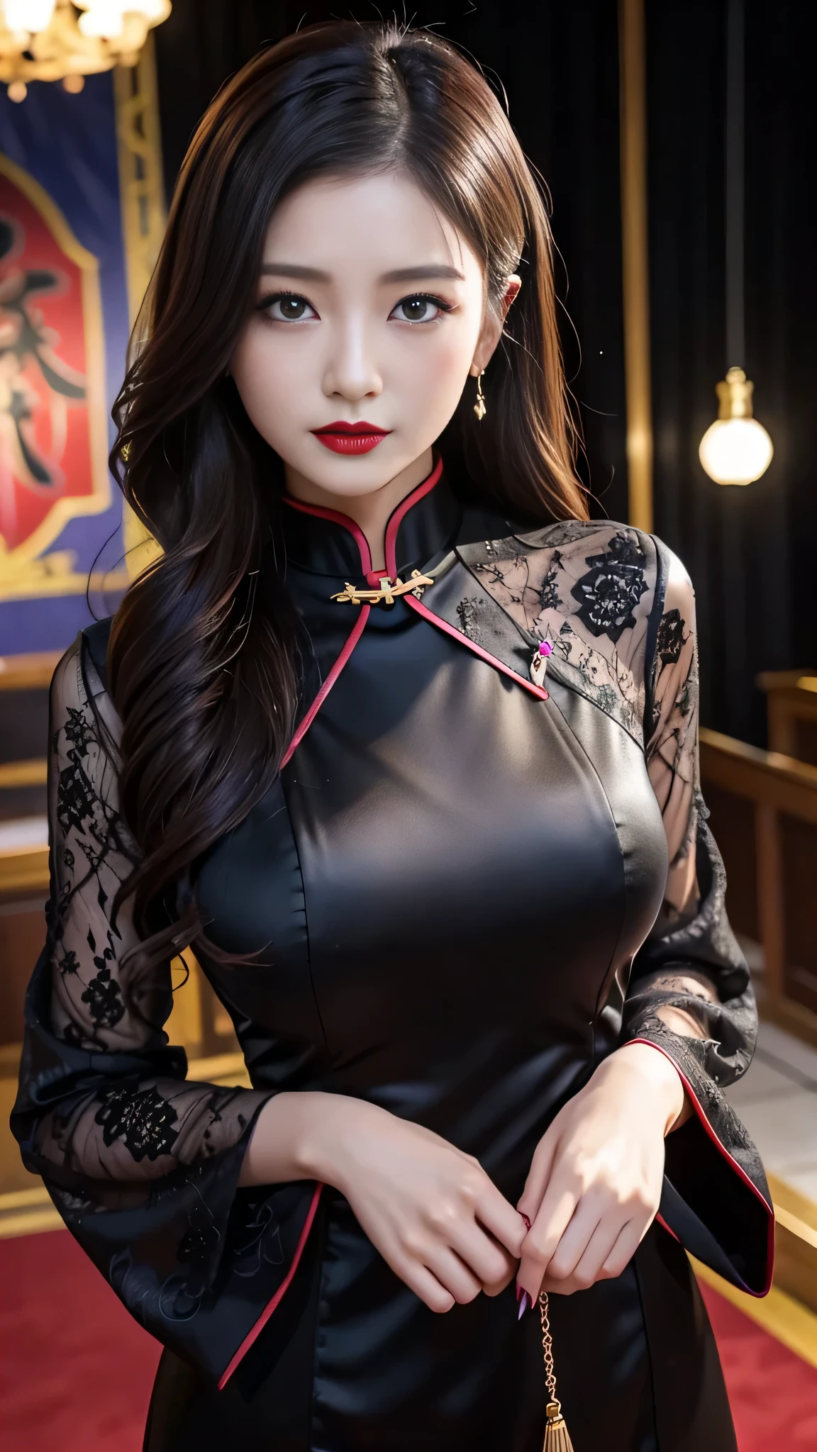 Super detailed、Japanese、charming beauty、seductive adult woman、Beautiful woman、sharp eyes、cool girl、wavy hair、long black cheongsam、wide sleeve、evilの幹部、evil depravity、brainwashing、Mind control、lipstick、grin、evilな表情、evil、empty eyes、evil、church at night、vampire、vampire、Hypnosia makeup brush