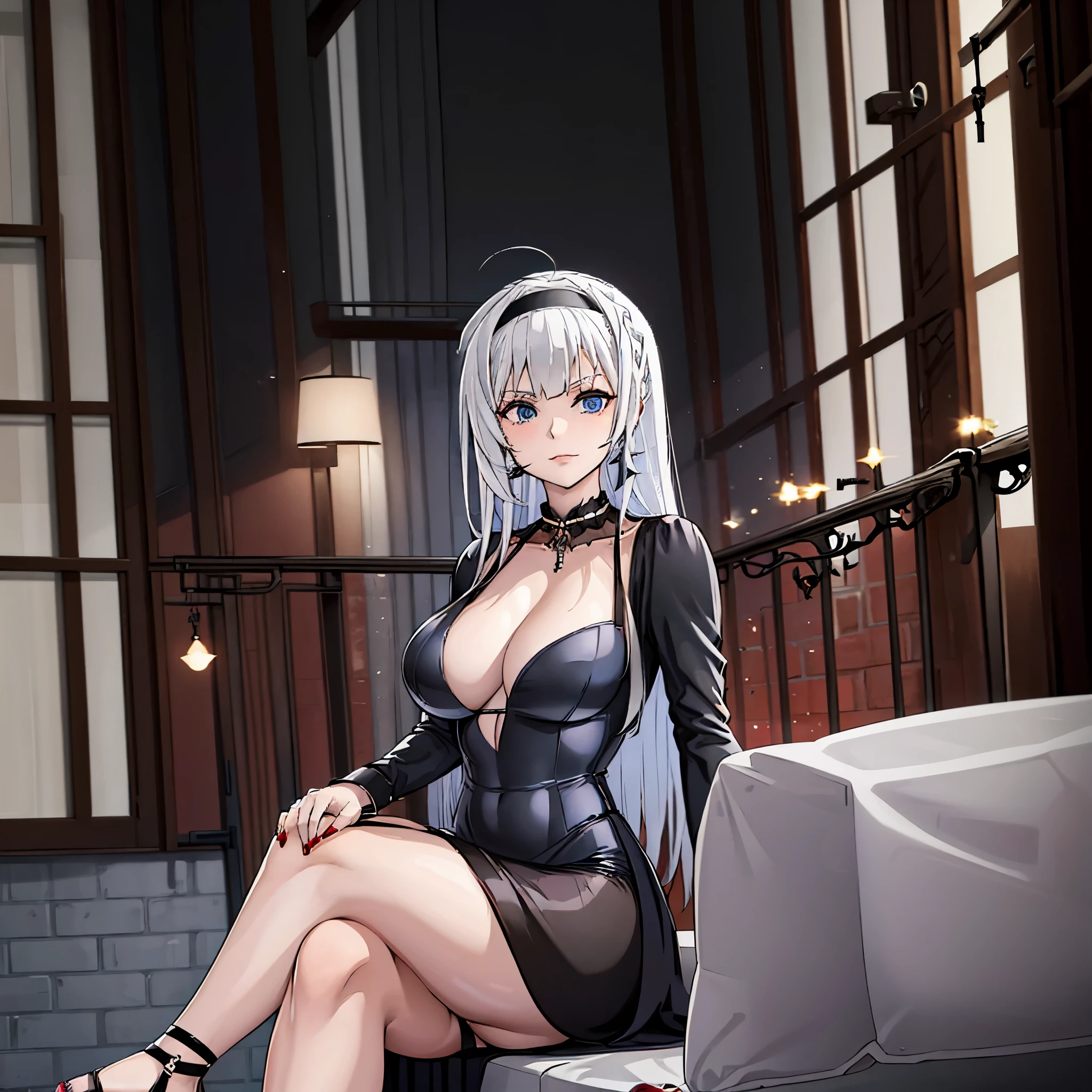 A woman wearing a black dress with red details and an iron cross, silver hair and blue eyes, inside a large sophisticated salon