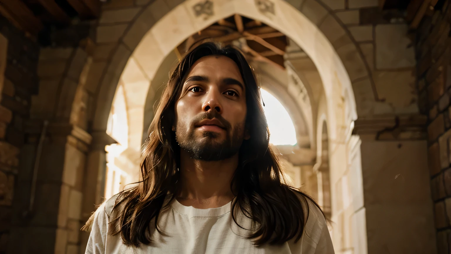I would like to request the creation of a high definition image of Jesus Christ that conveys a sense of peace, Love and compassion. Por favor, retrate Jesus em um ambiente sereno e iluminado, com destaque para seus olhos que refletem sabedoria divina.
