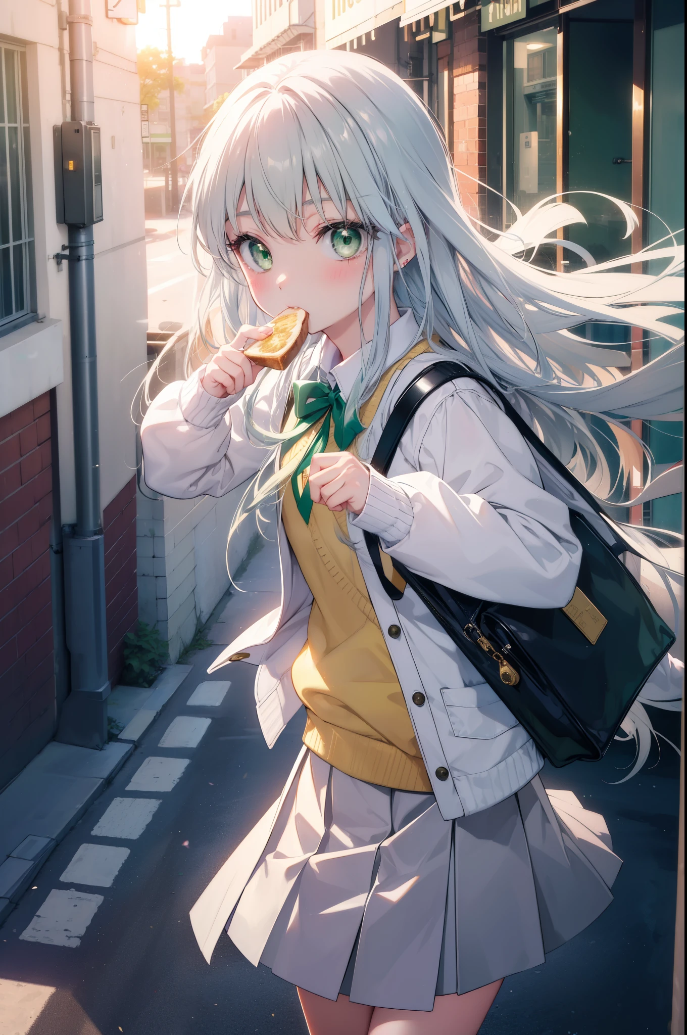 index, index, (green eyes:1.5), silver hair, long hair, (flat chest:1.2),yMedium sleeve shirt,ribbon,Yellow cardigan,blazer,black pleated skirt,white pantyhose,loafers,toast in your mouth, running, city street,morning,morning日,sunrise,A girl running with a student bag,
break looking at viewer, Upper body, ぜん
break outdoors, In town,
break (masterpiece:1.2), highest quality, High resolution, unity 8k wallpaper, (figure:0.8), (detailed and beautiful eyes:1.6), highly detailed face, perfect lighting, Very detailed CG, (perfect hands, perfect anatomy),