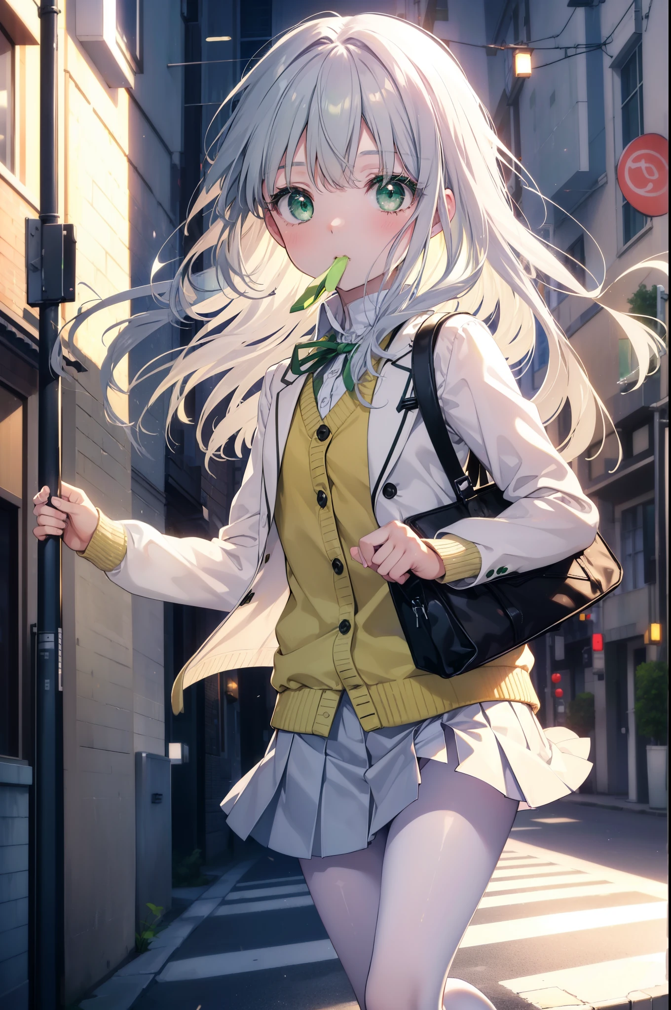 index, index, (green eyes:1.5), silver hair, long hair, (flat chest:1.2),yMedium sleeve shirt,ribbon,Yellow cardigan,blazer,black pleated skirt,white pantyhose,loafers,toast in your mouth, running, city street,morning,morning日,sunrise,A girl running with a student bag,
break looking at viewer, Upper body, ぜん
break outdoors, In town,
break (masterpiece:1.2), highest quality, High resolution, unity 8k wallpaper, (figure:0.8), (detailed and beautiful eyes:1.6), highly detailed face, perfect lighting, Very detailed CG, (perfect hands, perfect anatomy),