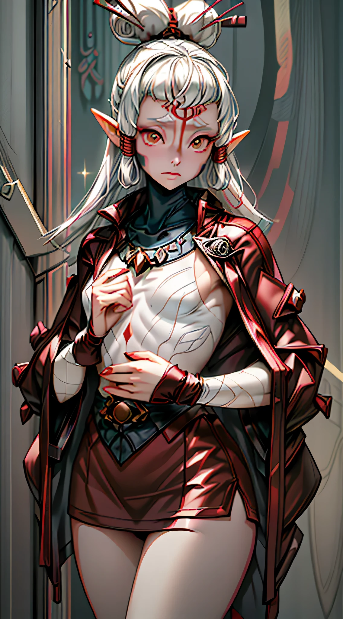 paya, cute elf ,girl, 1girl,(((little ,tiny little body,small))),(((6 years old))),((anime elf with extremely cute and beautiful black hair)),(((elf, elf ears))),((((white hair:1.35,hair with a braid,colored inner hair,ear breathing)))),(((red_eyes:1.3))),intricate eyes,beautiful detailed eyes,symmetrical eyes,big eyes:1.5,(((lustrous skin:1.5,bright skin: 1.5,skin tanned,shiny skin,very shiny skin,shiny body,plastic glitter skin,exaggerated shiny skin,illuminated skin))),(delicate detailed fingers,detailed body,detailed arms,human hands,(detailed face)), cute,slutty,erotic,daring,nsfw, zettai ryouiki,revealing clothing,show skin,(((Sexy red fur coat, red fur coat outfit, wearing a red fur coat:1.3,red winter coat))), ((red mini-skirt,red mini skirt with furry edge,visible thong straps)),((underpants strap)),(white gloves,red clothes,semi-naked,with little red clothing,((((furry edge clothing)))),(((intricate outfit,intricate clothes,embroidered outfit,ornate outfit,embroidered clothes,ornate clothes))), (dynamic pose:1.0),embarrassed,(centered,scale to fit dimensions,Rule of thirds), inside,indoor,((cozy gothic room)),scenery:1.25,((intricate scenery)),((winter decorations)),Christmas tree, (Glossy winter ornaments),highres,sharp focus,(ultra detailed,extremely detailed),(photorealistic artwork:1.37),(extremely detailed CG unity 8k wallpaper),(((vibrant colors,vibrant theme))),(intricate),(masterpiece),(best quality),
