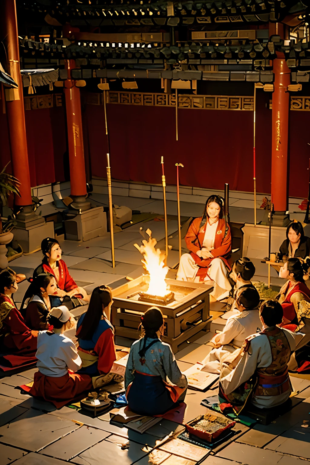 Produce a historically grounded image depicting the crying ritual for women before marriage during the Qin dynasty in ancient China. Capture the authenticity of the emotional display, showcasing a woman crying daily for 30 days with her family members joining in at different intervals. Portray the cultural significance and familial bonding within this tradition