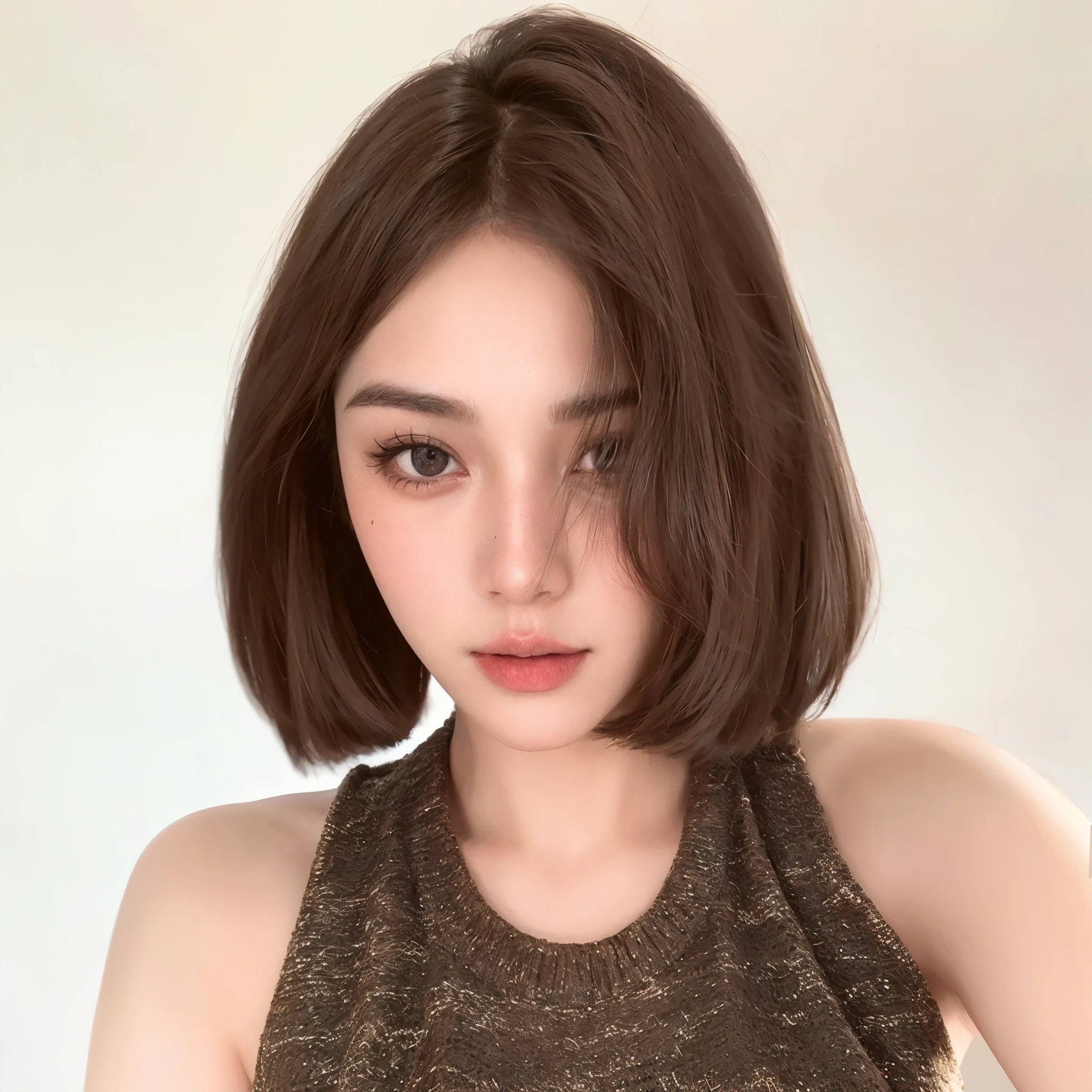 Arafad woman wearing brown top and brown dress, short hair, Realistic anime 3D style, kawaii realistic portrait, realism art style, 8k portrait rendering, Soft portrait shot 8k, 棕色short hair, single reality face, guweiz style artwork, [ 4K realism ]!!, Realistic portrait photos, high quality portraits