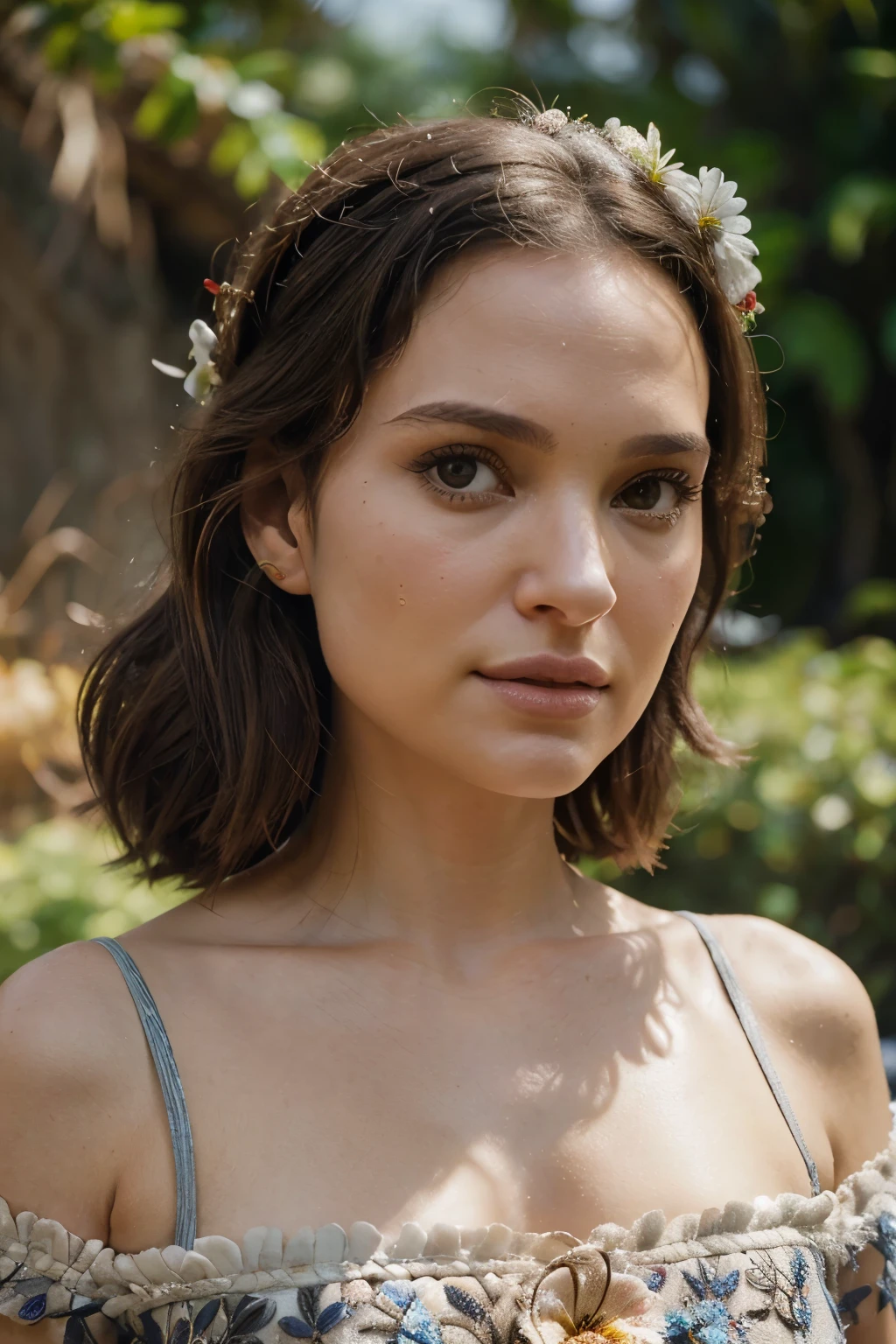 (estilo pixar: 1.25) retrato de uma , Natalie Portman, sorri, na altura da cintura com uma cesta de flores coberta de flores de papoula, textura natural da pele, Texturas 4k, hdr, complex, altamente detalhado, sharp focus, cinematic appearance, Hiper-detalhado